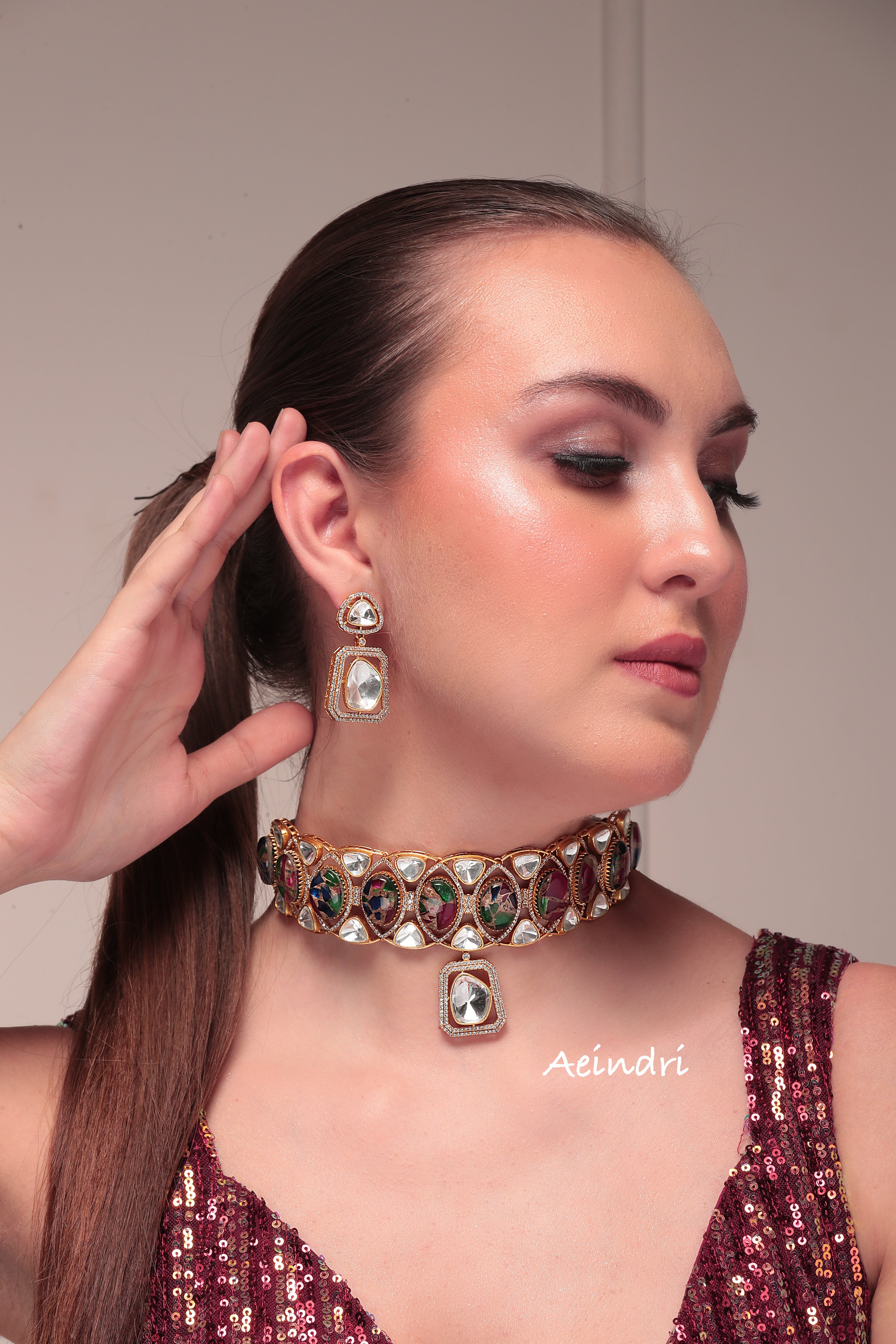 Aeindri Regal Polki Choker Set with Matching Earrings
