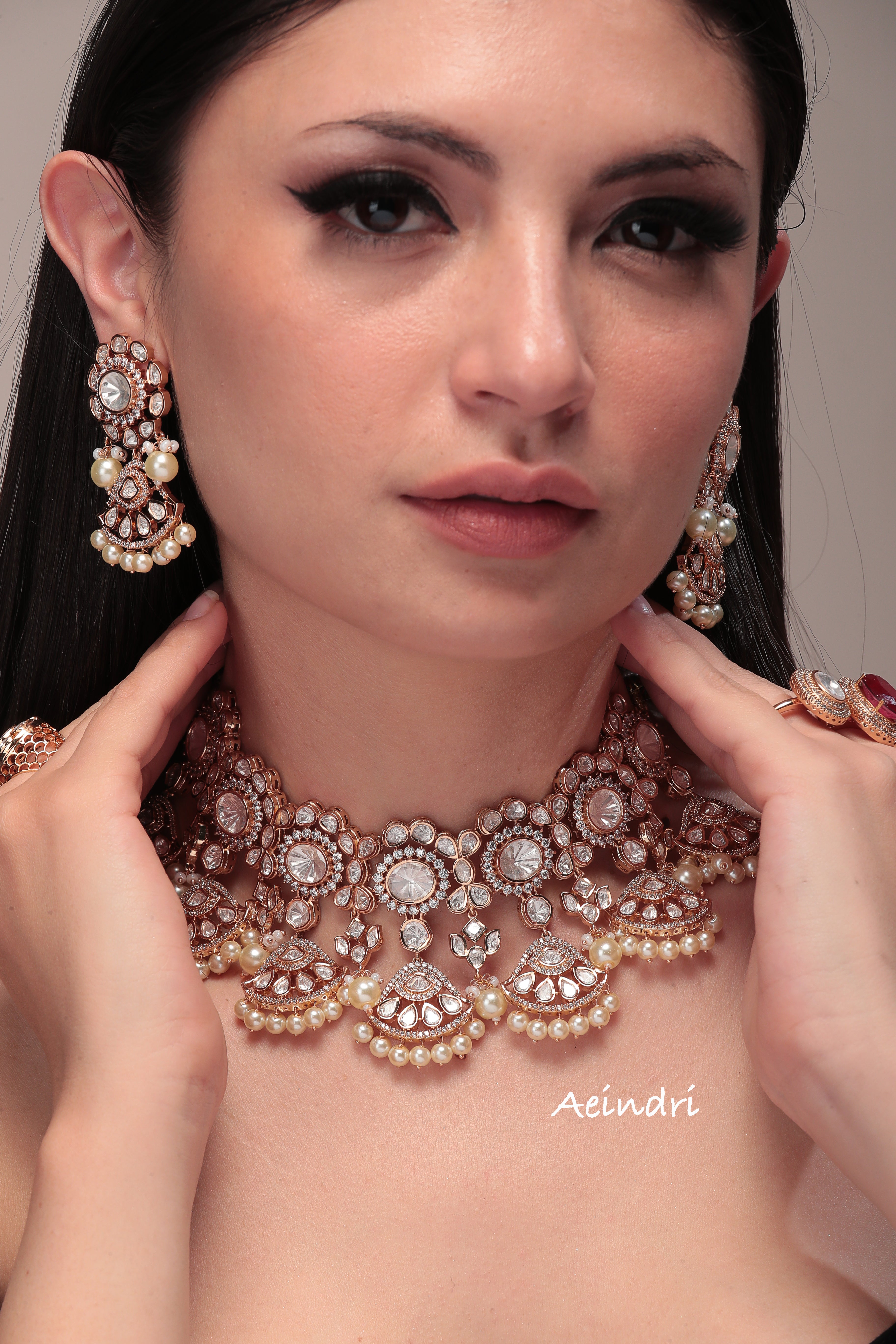 Aeindri Royal Polki Pearl Choker Necklace Set