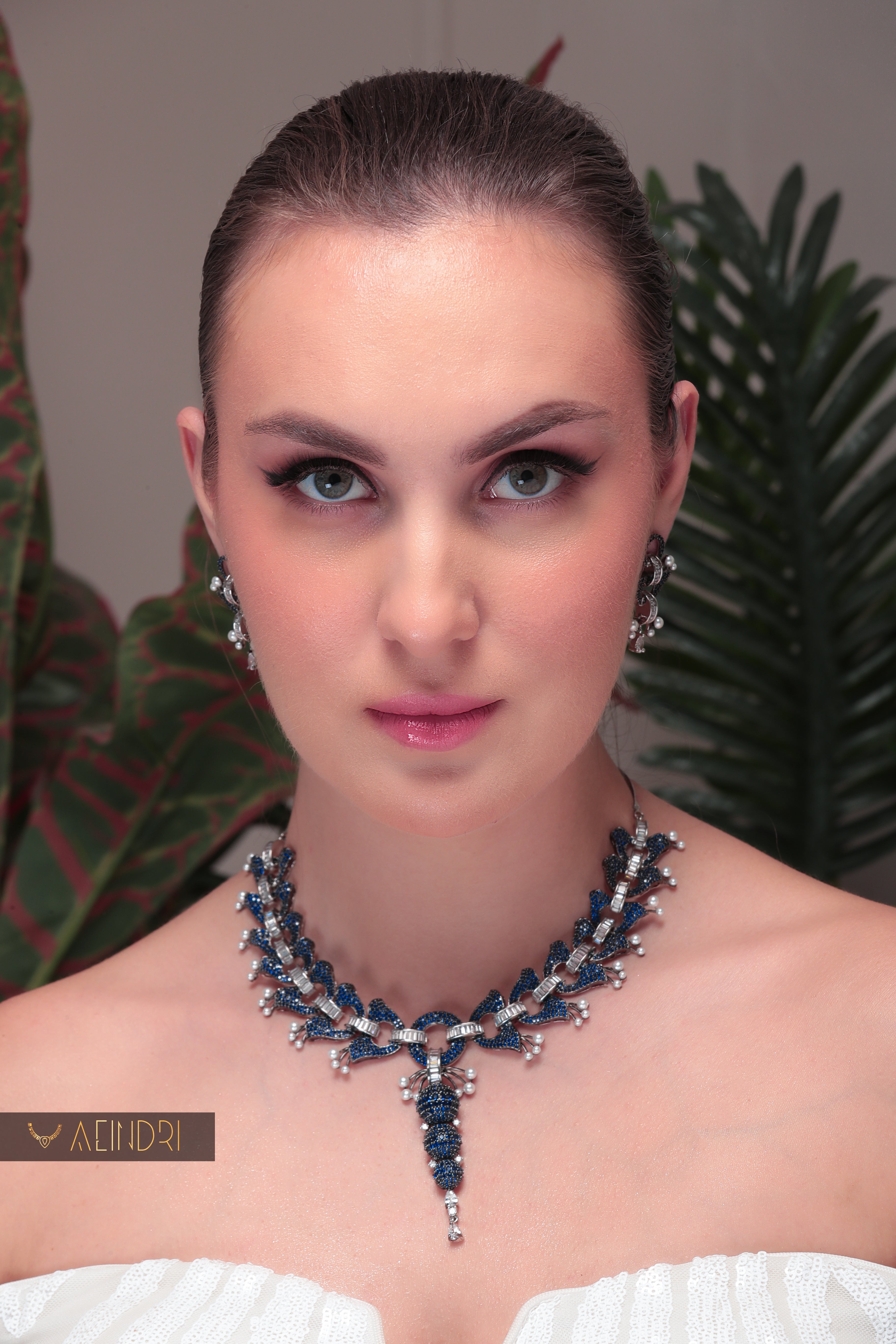 Aeindri Midnight Blue Crystal & Pearl Designer Choker Necklace
