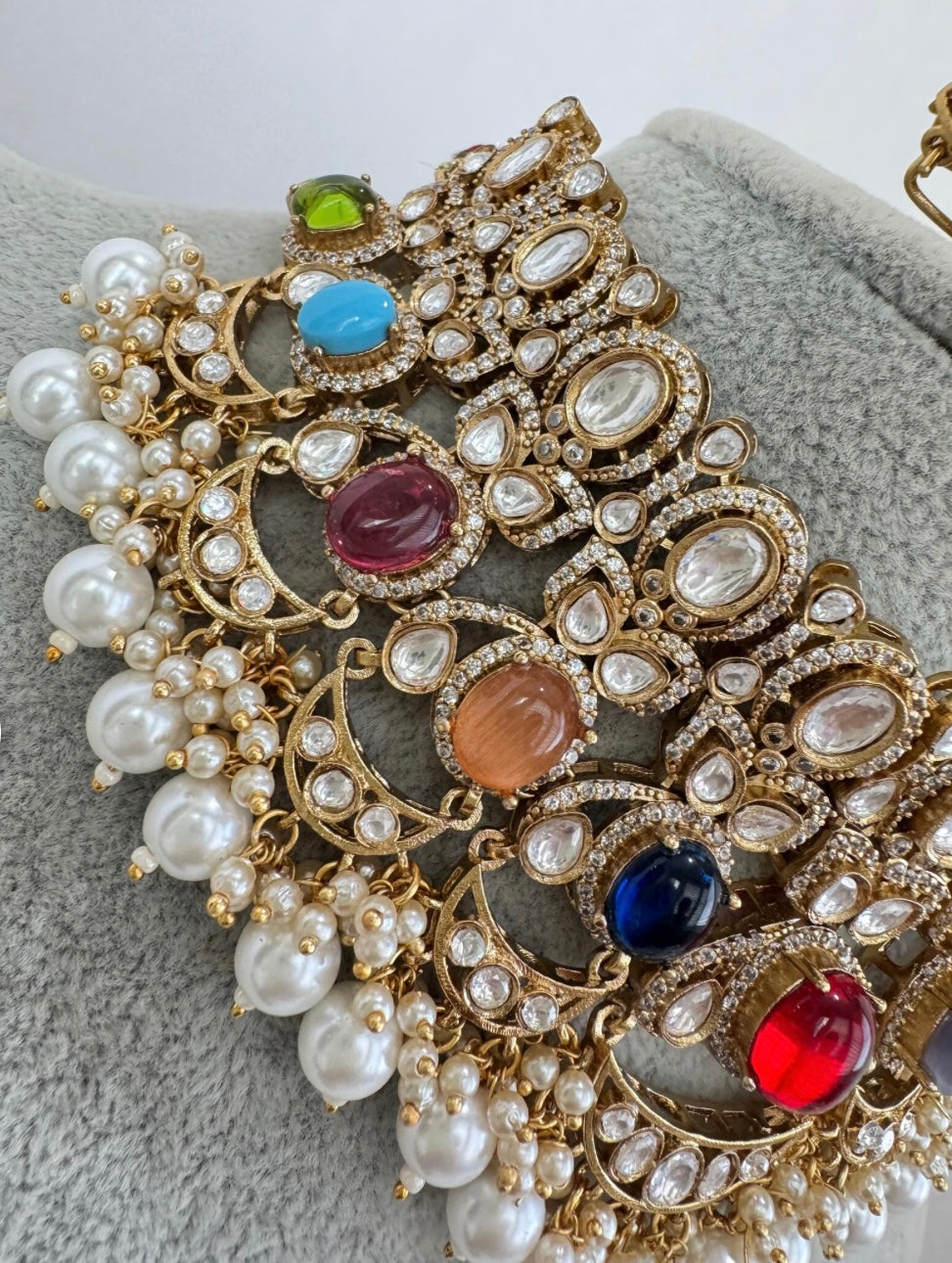 Navratna moissanite with pearl drop choker