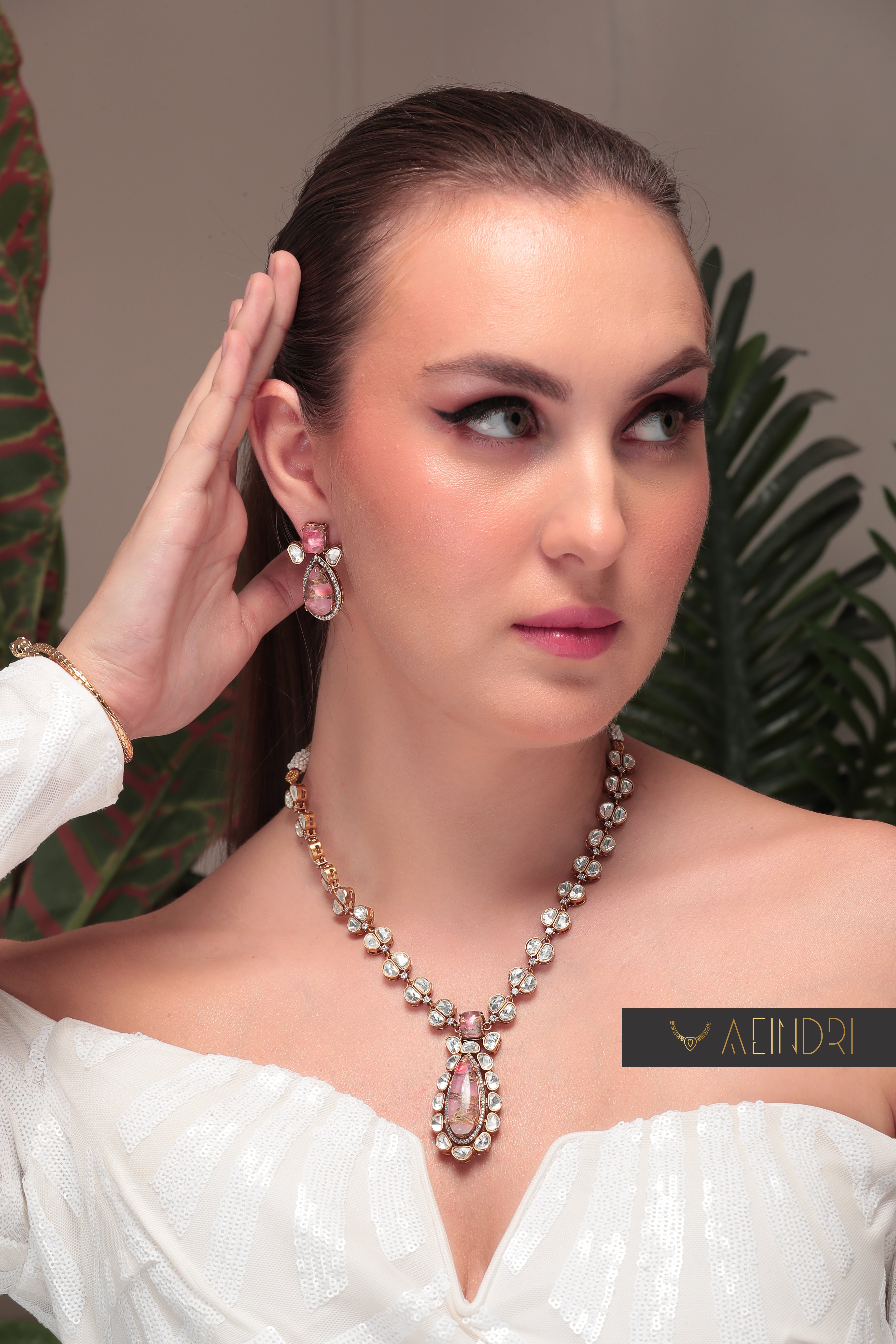 Aeindri Royal Pink Quartz & Polki Teardrop Necklace Set