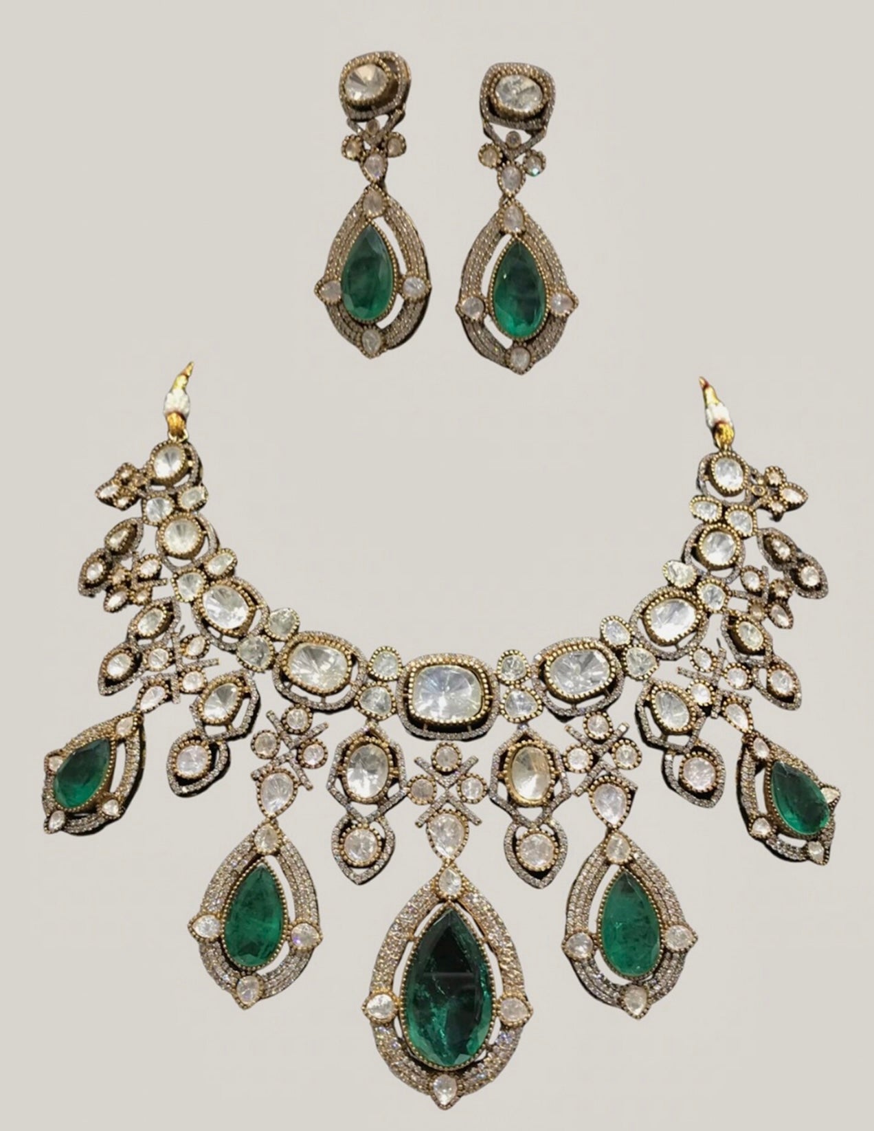Green Zari, Stones Kundan Embellished Necklace Set
