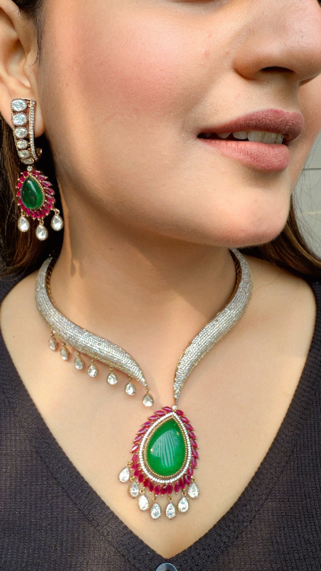 Gold Plated Stones Zircon Studded Moissanite Drops Doublet Open Choker Set