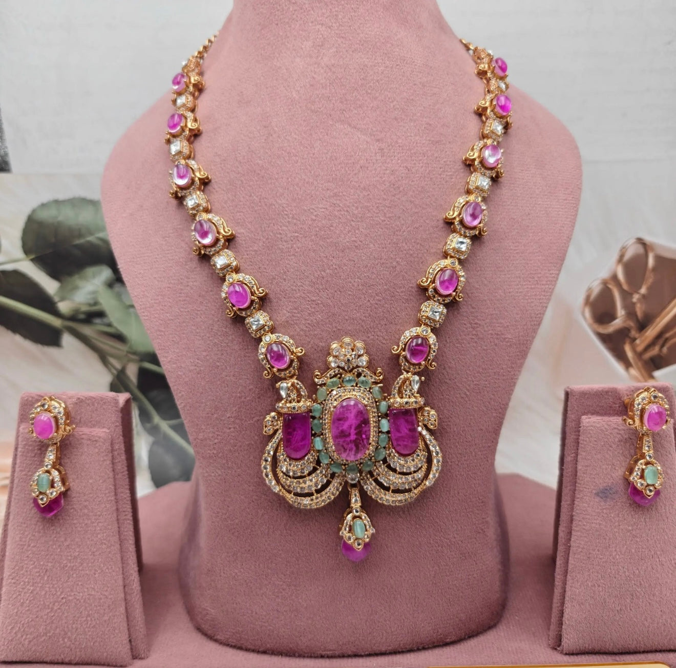 Victoria Moissanite and Cabochon Doublet Premium Necklace Set - Hot Pink n Mint