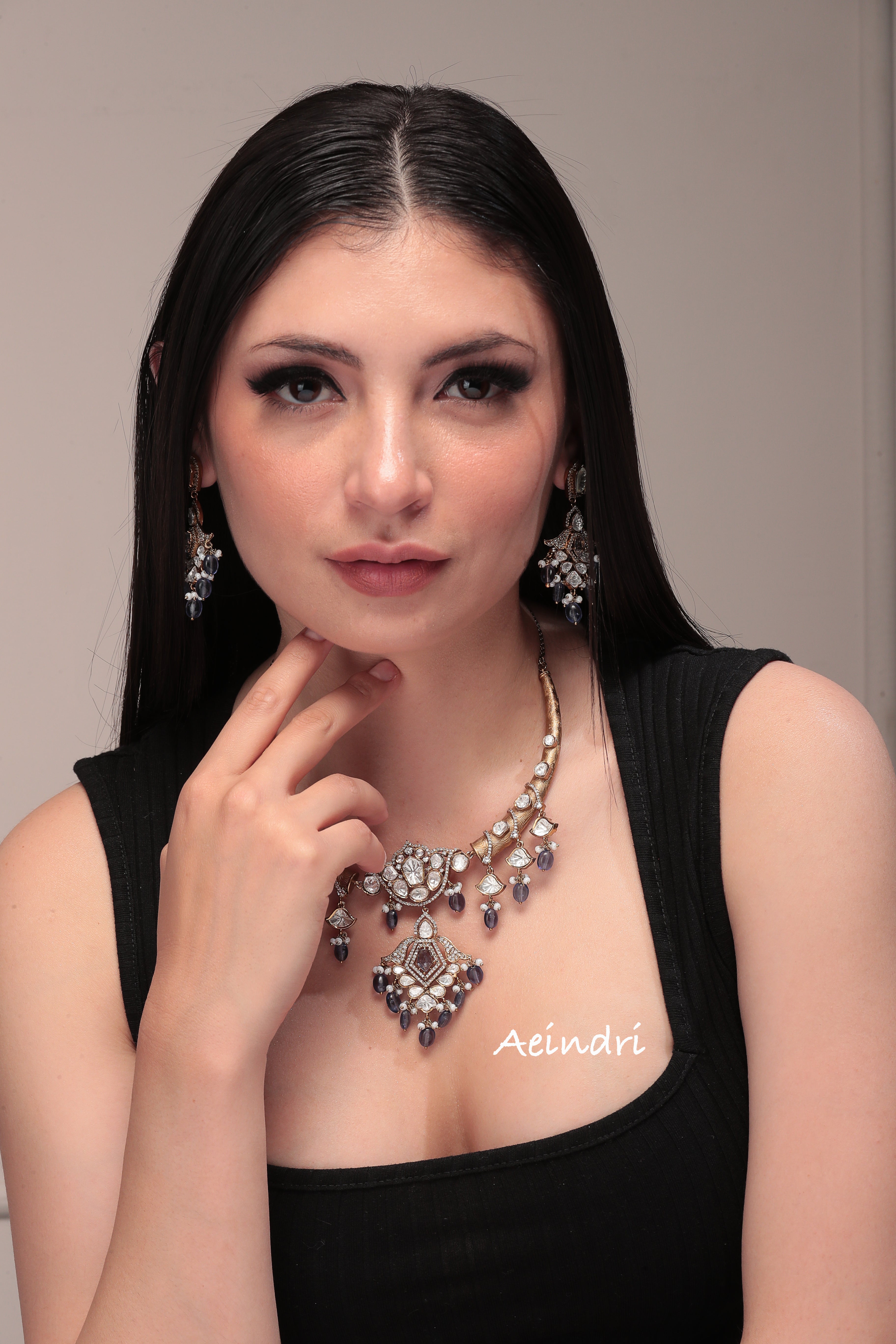 Aeindri Regal Polki & Sapphire Drop Necklace