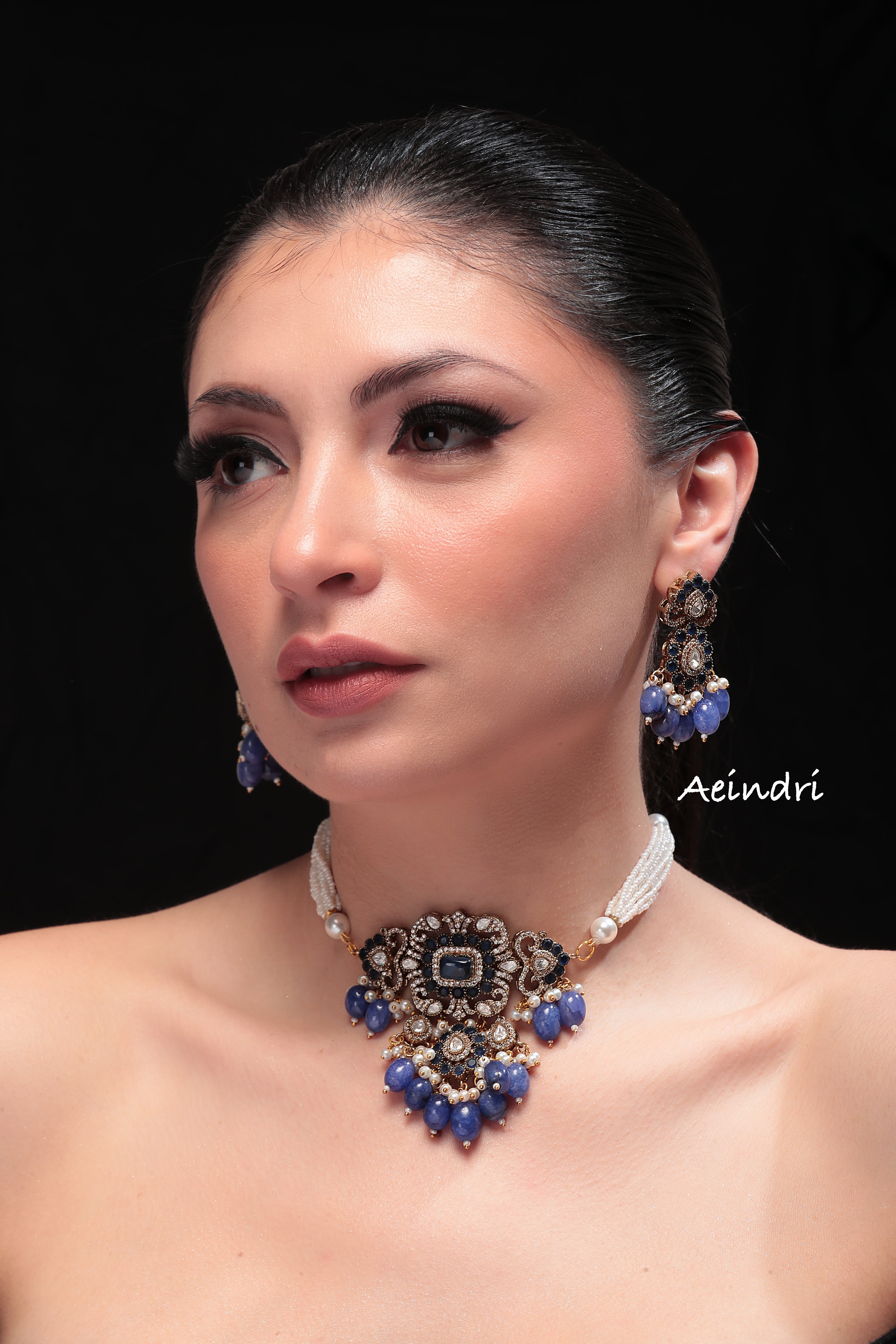 Luxurious Blue Gemstone Pearl Choker Set by Aeindri