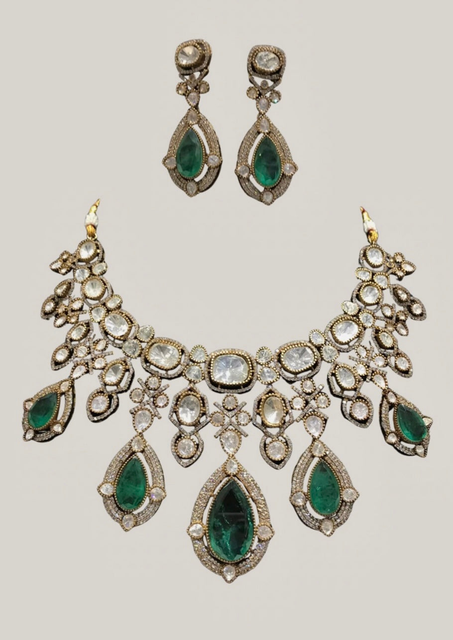 Green Zari, Stones Kundan Embellished Necklace Set