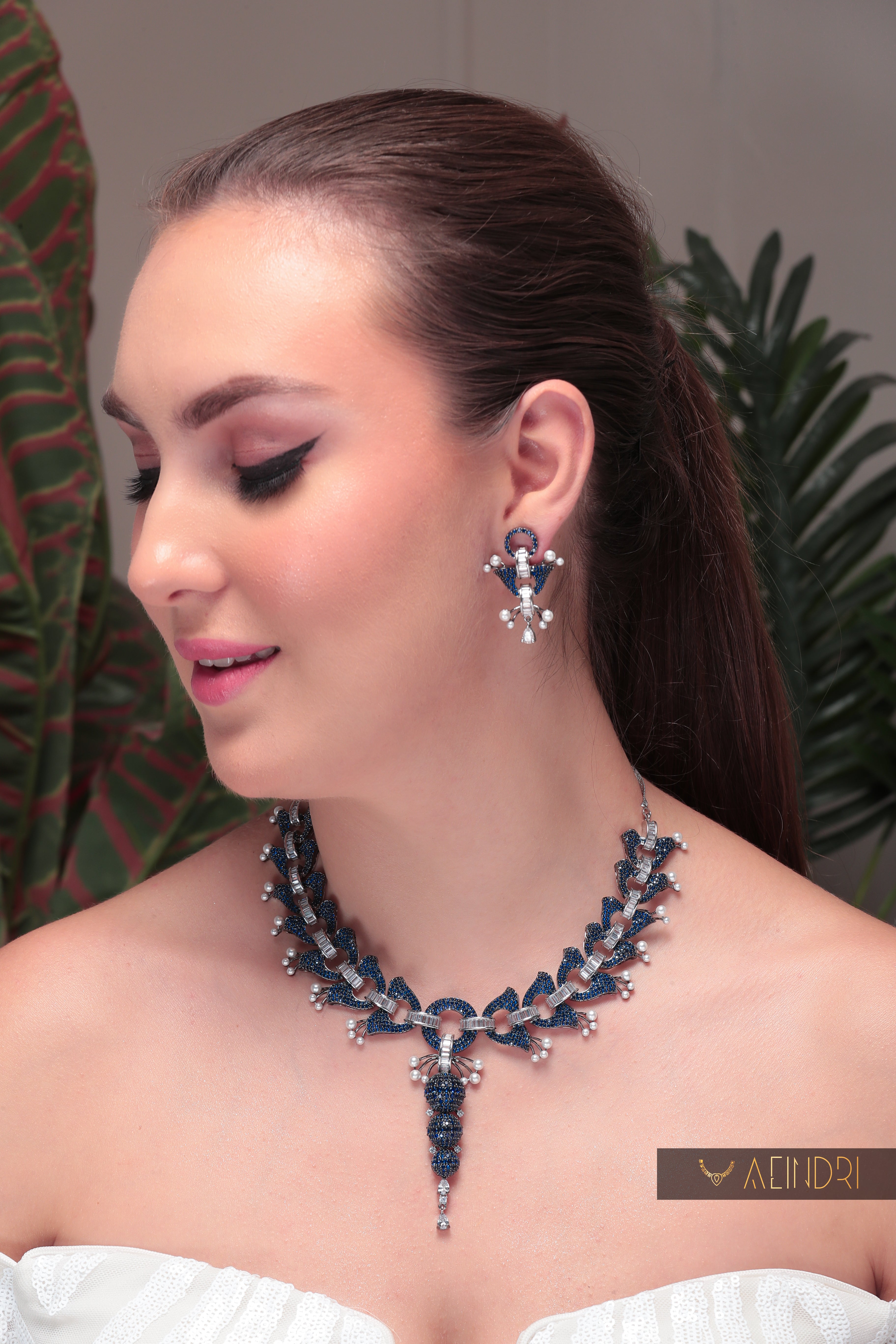 Aeindri Midnight Blue Crystal & Pearl Designer Choker Necklace