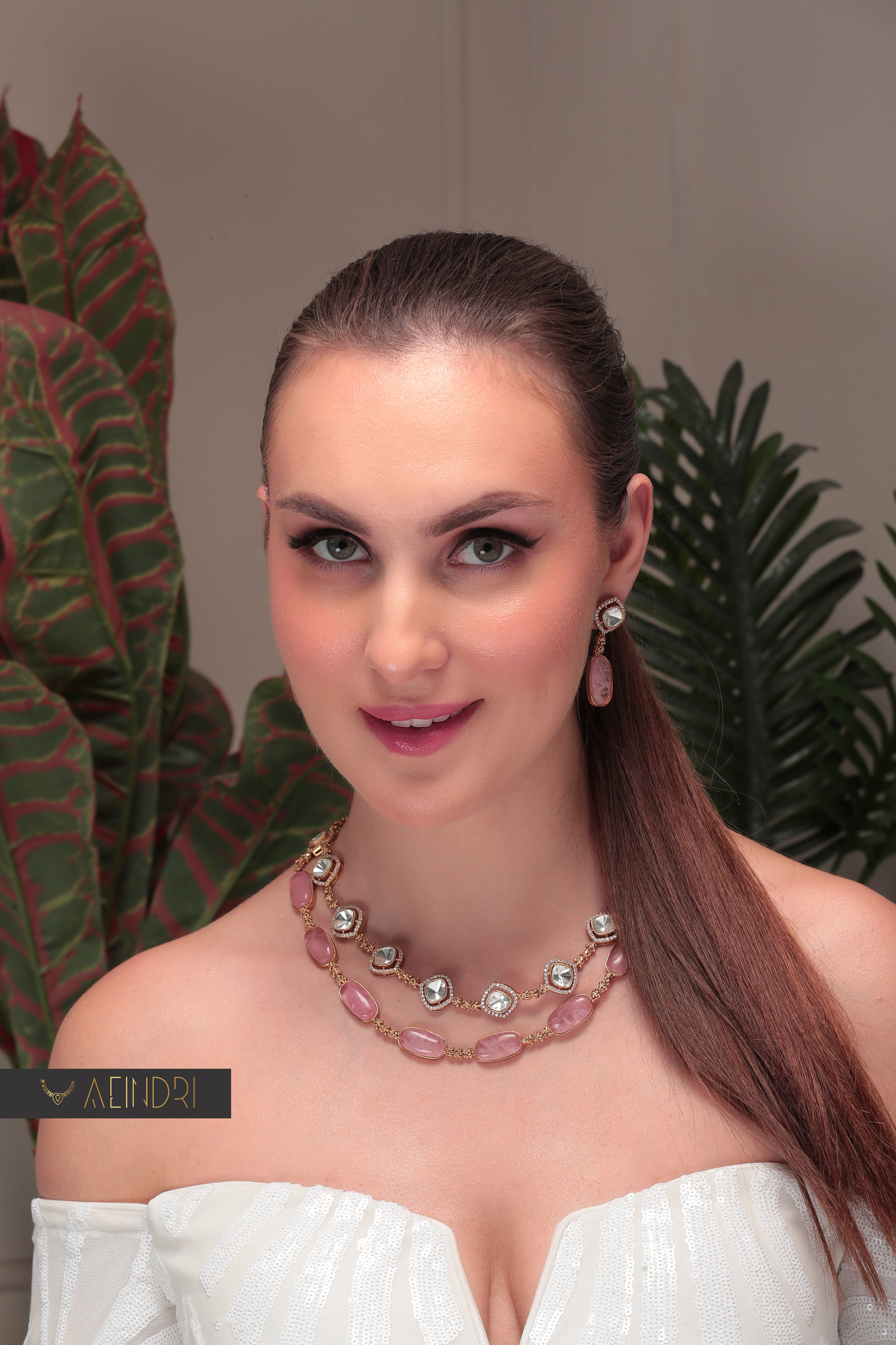 Aeindri Rose Quartz Polki Necklace Set