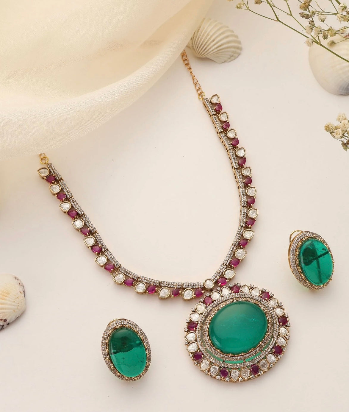 Emerald polki Necklace set Ruby Accents