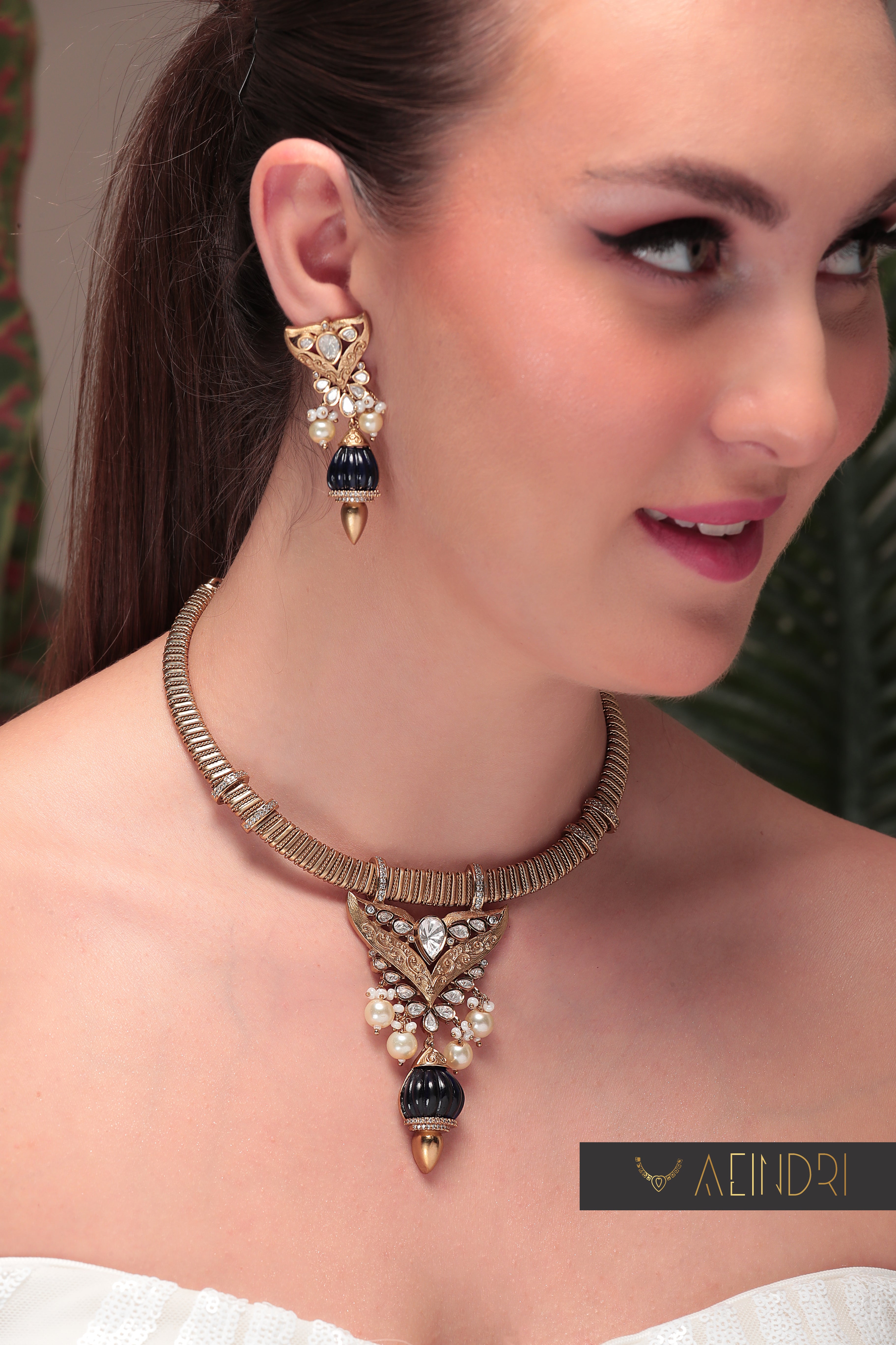 Royal Kundan & Pearl Blue Statement  Set