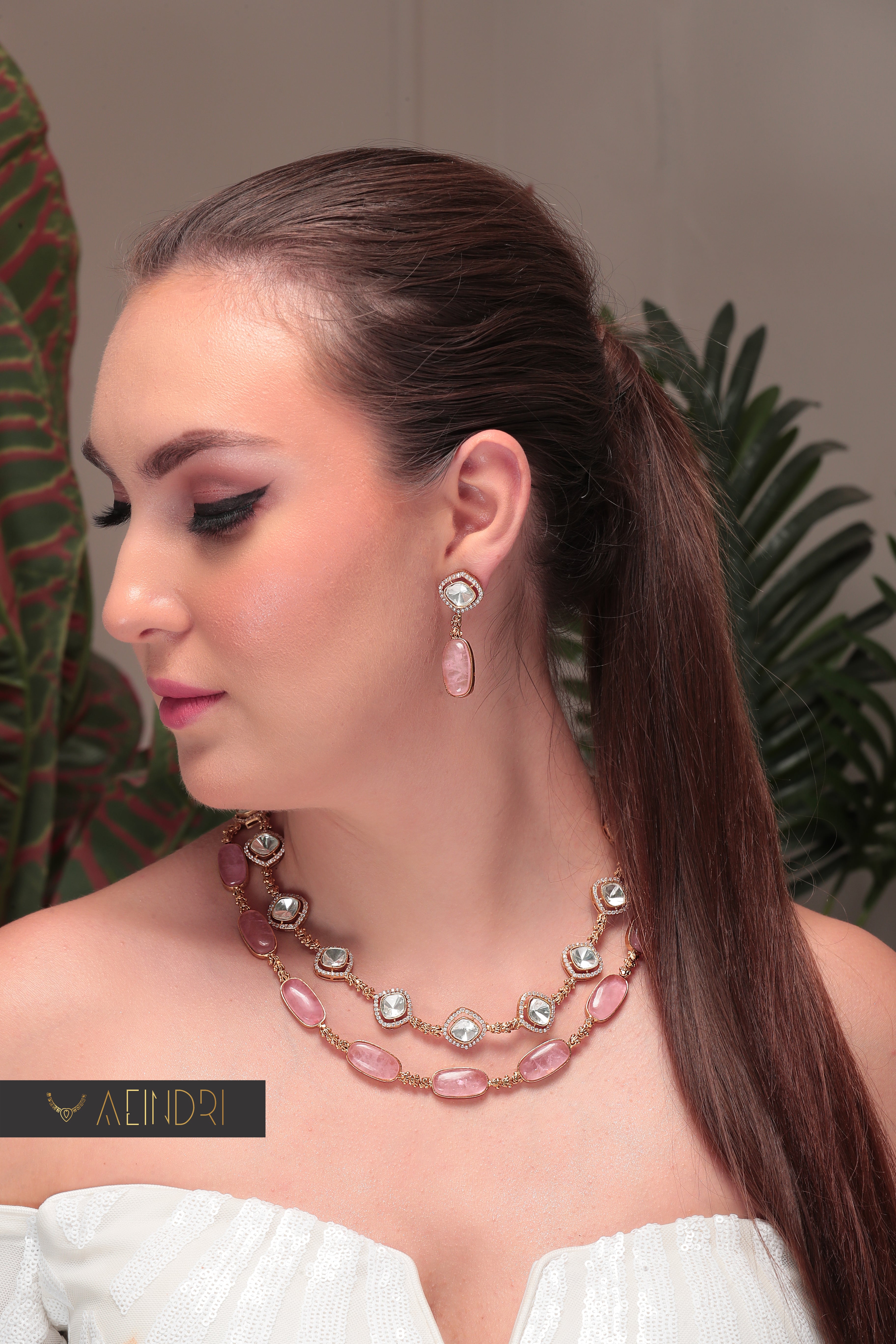 Aeindri Rose Quartz Polki Necklace Set