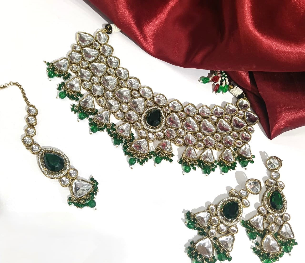 Royal Kundan Choker Necklace Set with Green Beads & Matching Earrings
