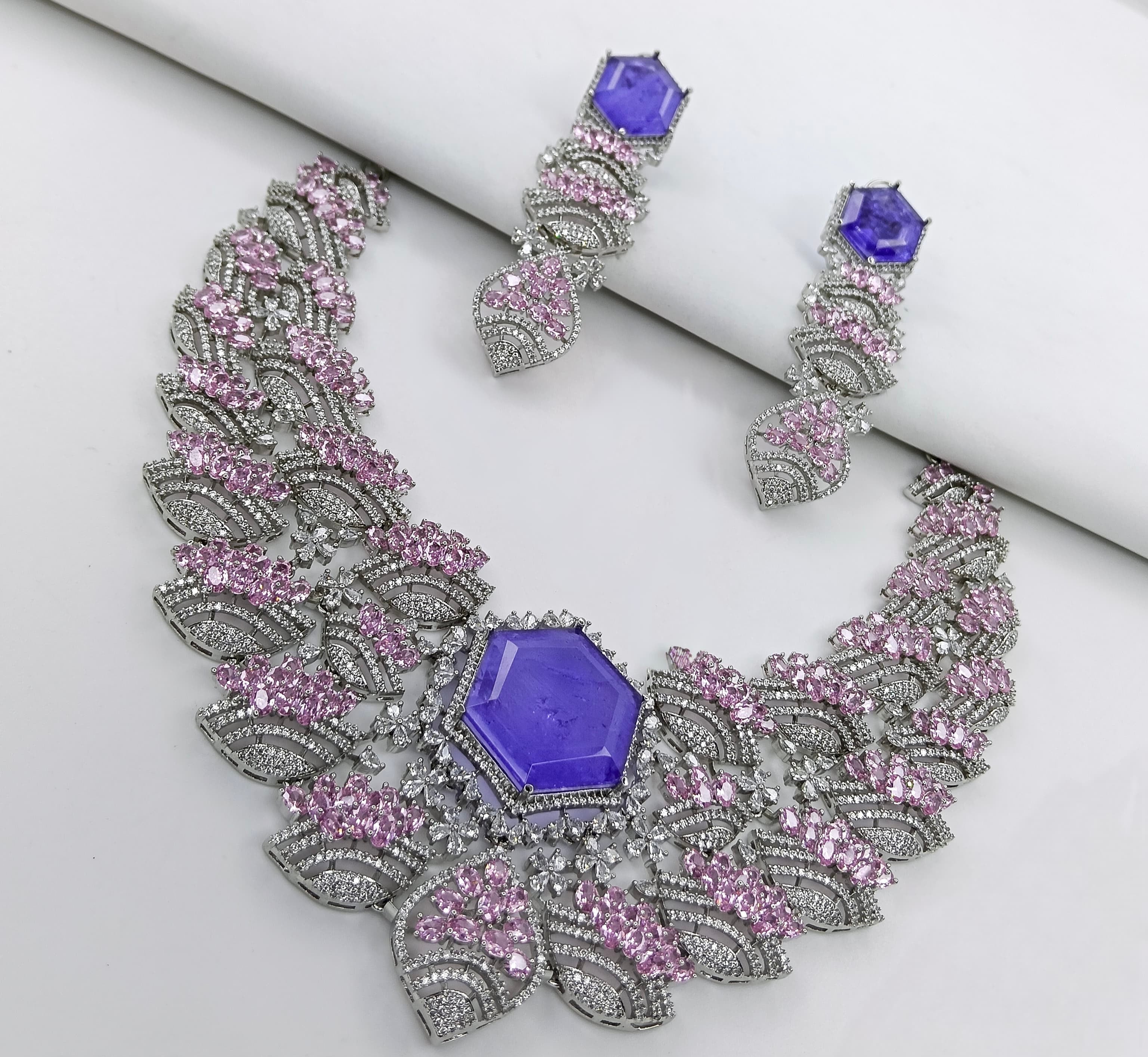 RHODIUM PLATED AMETHYST ZIRCONIA STATEMENT LUXURY NECKLACE SET