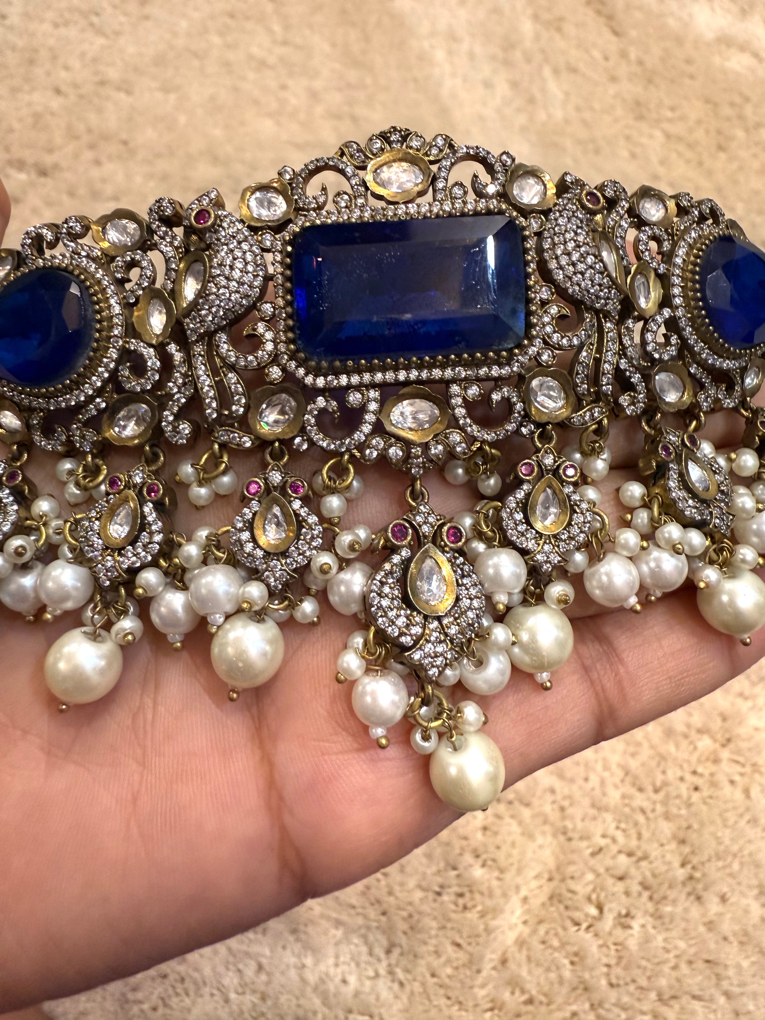 Blue Victorian Peacock Choker Necklace