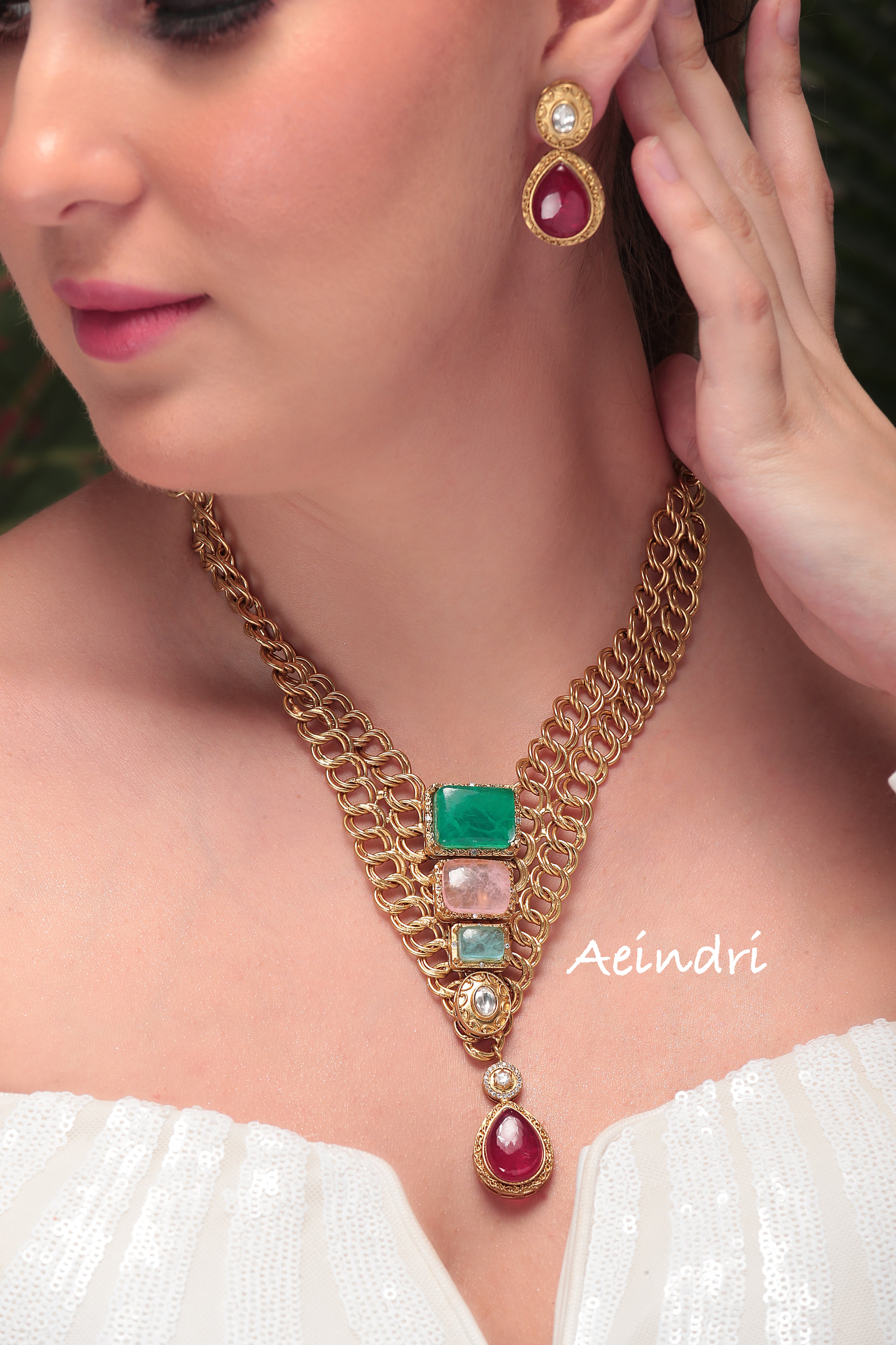 Aeindri Regal Emerald & Ruby Gold-Plated Statement Necklace Set