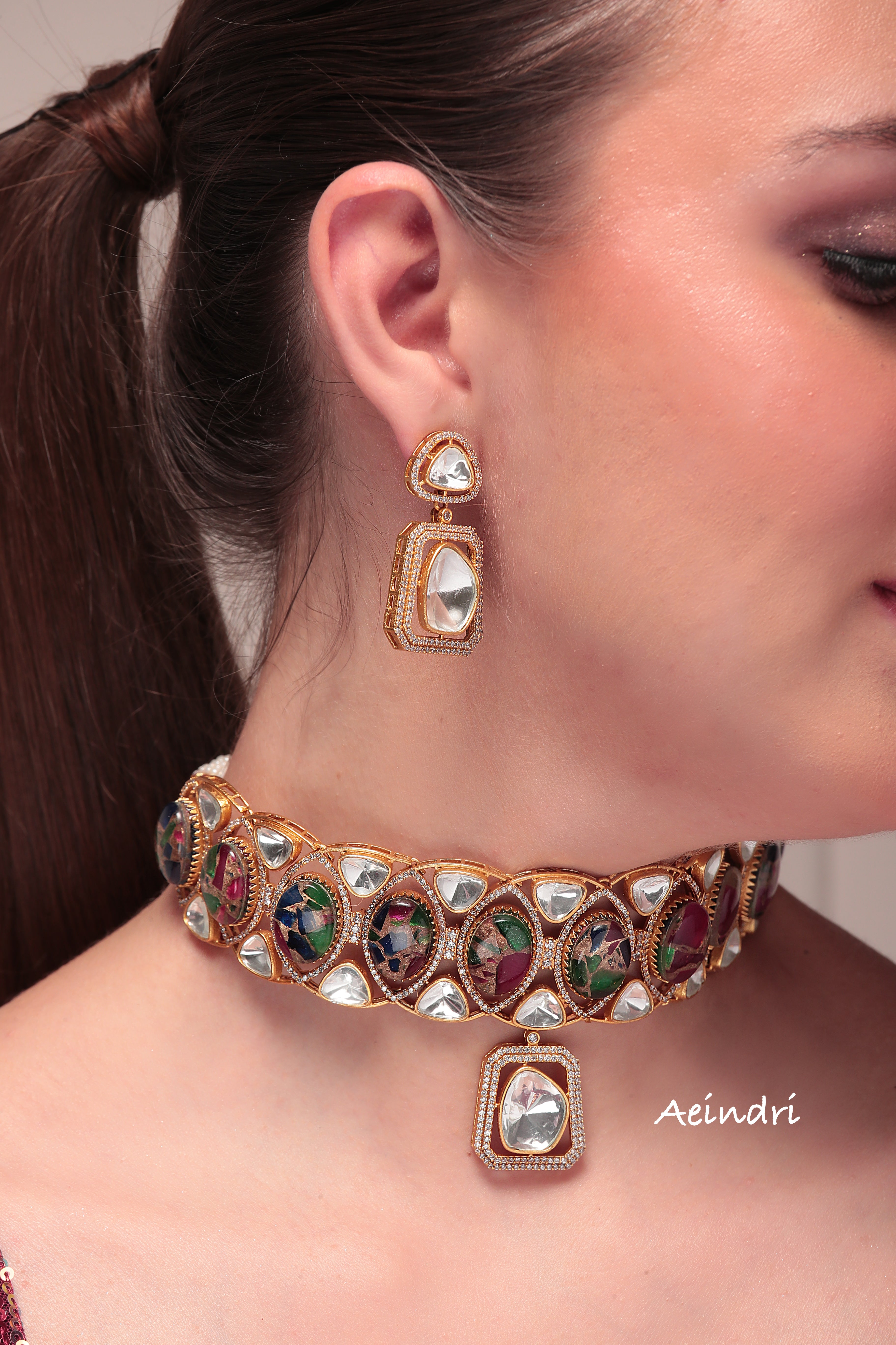 Aeindri Regal Polki Choker Set with Matching Earrings
