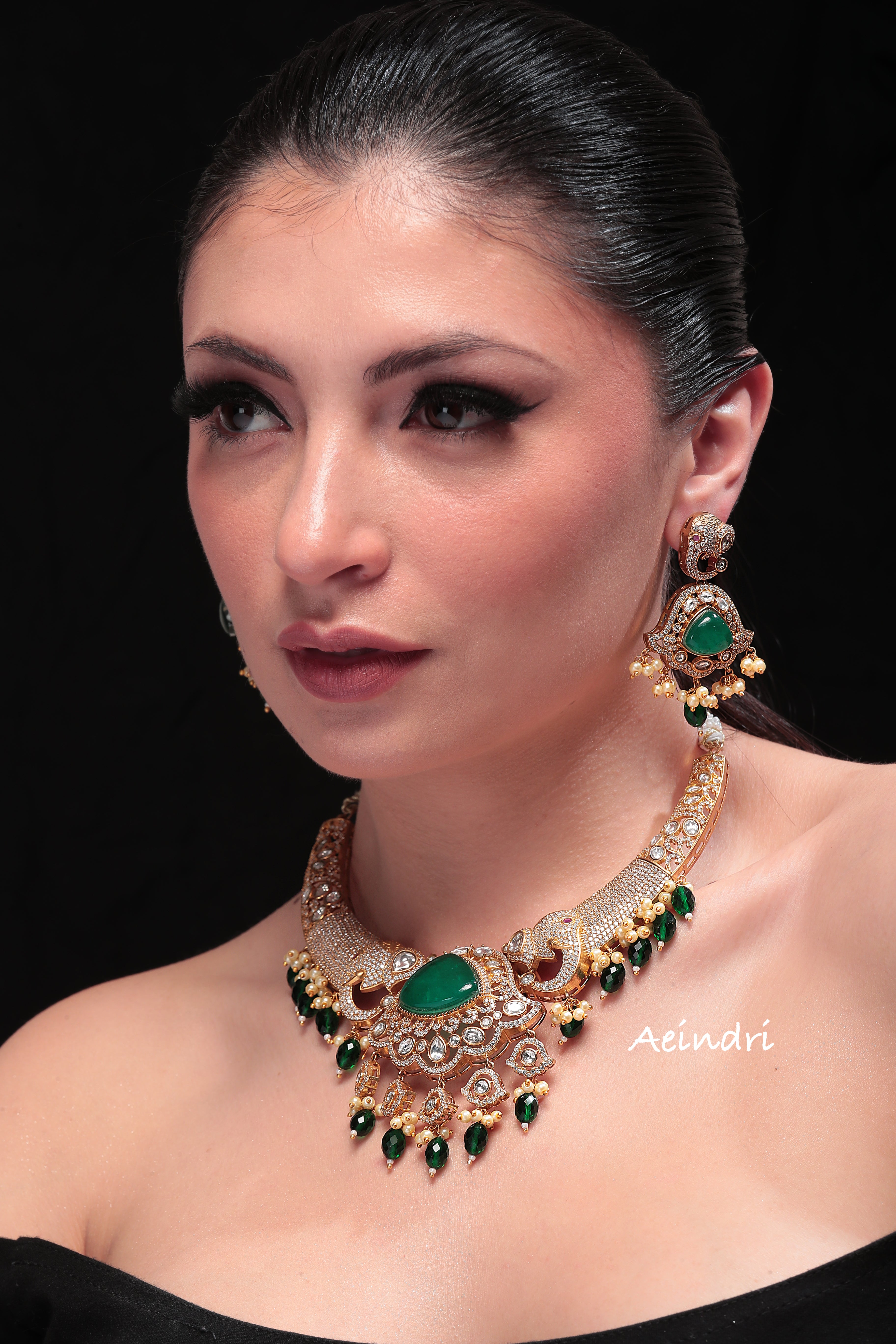 Aeindri Regal Emerald & Kundan Bridal Choker Set
