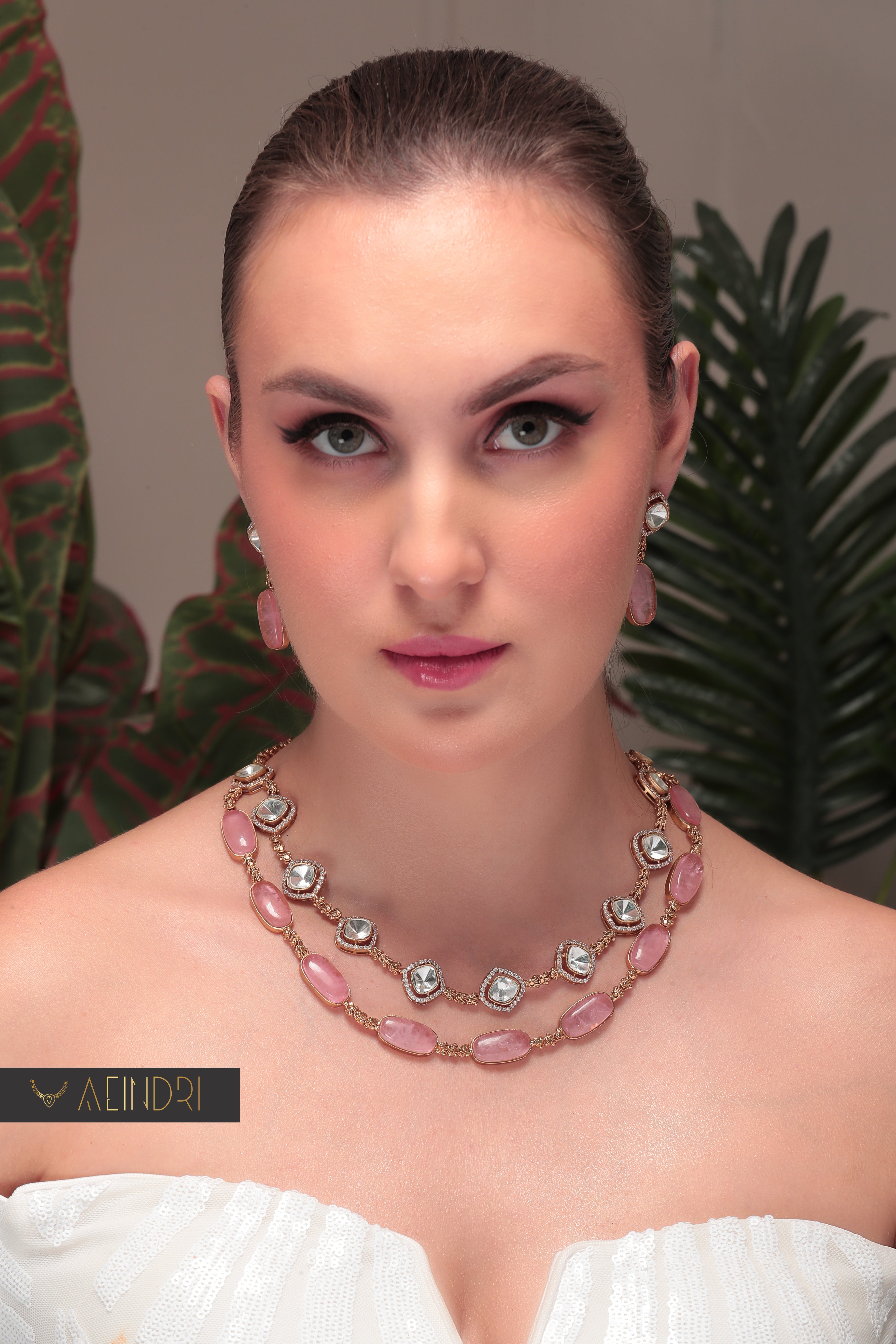 Aeindri Rose Quartz Polki Necklace Set