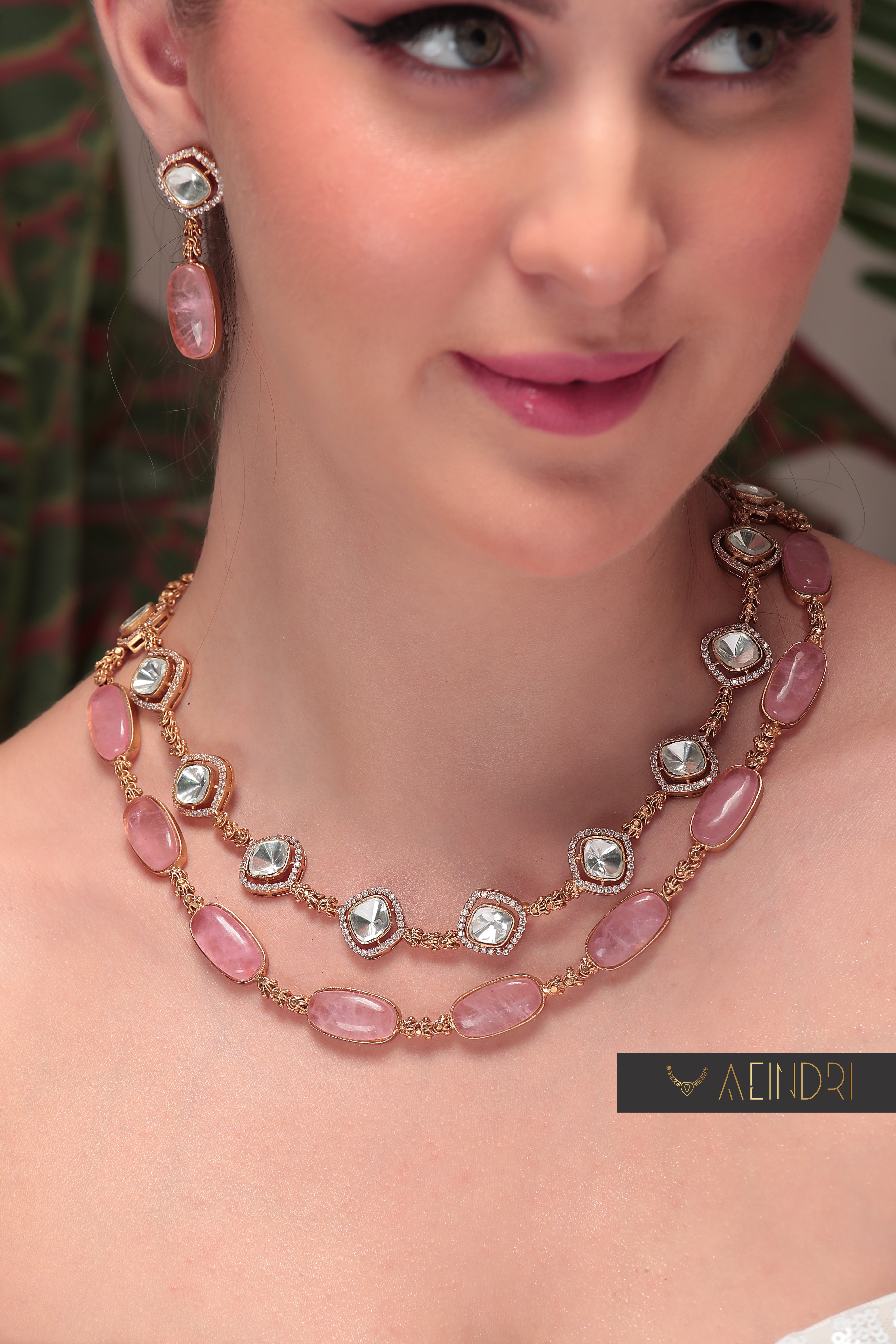 Aeindri Rose Quartz Polki Necklace Set