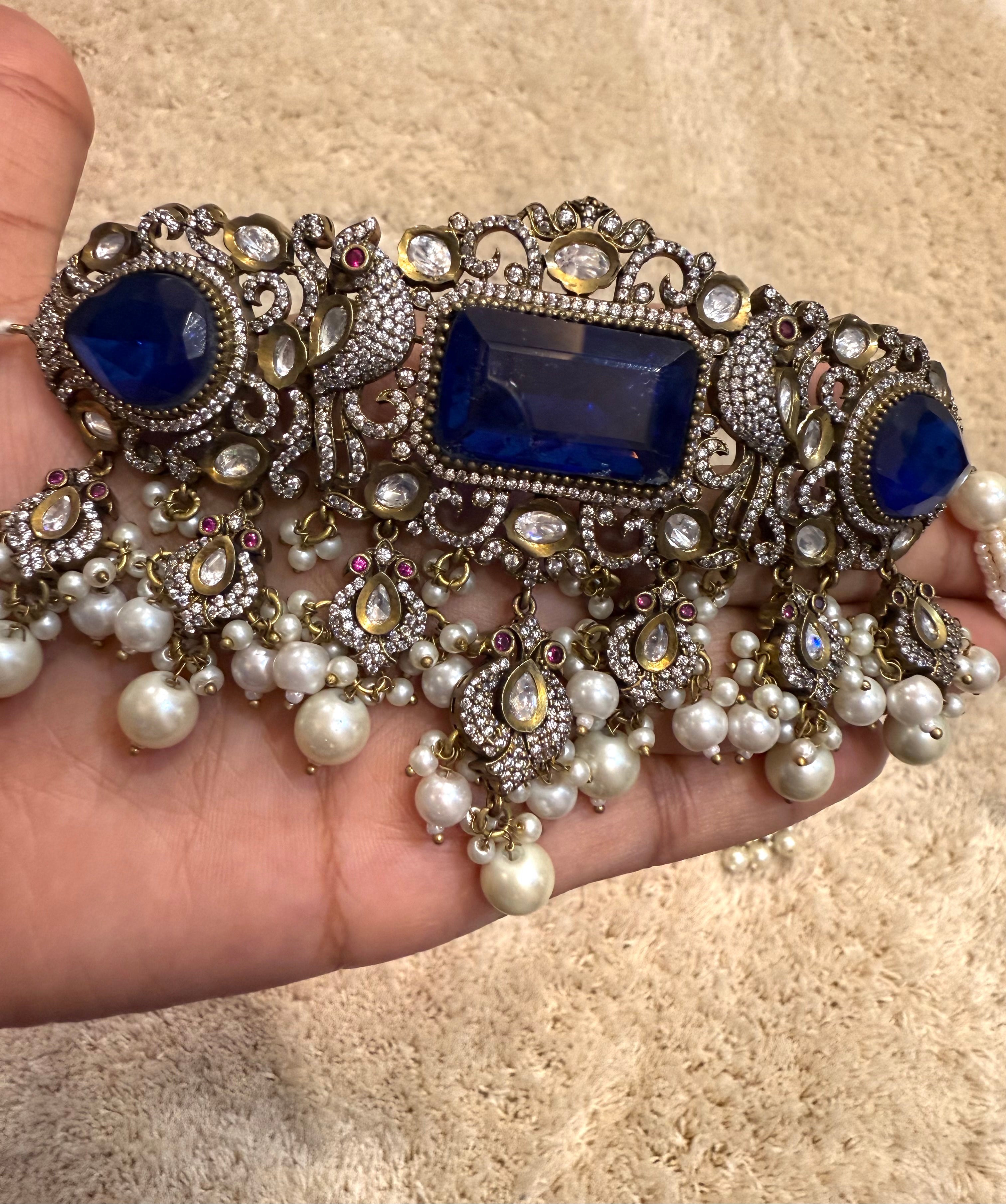 Blue Victorian Peacock Choker Necklace