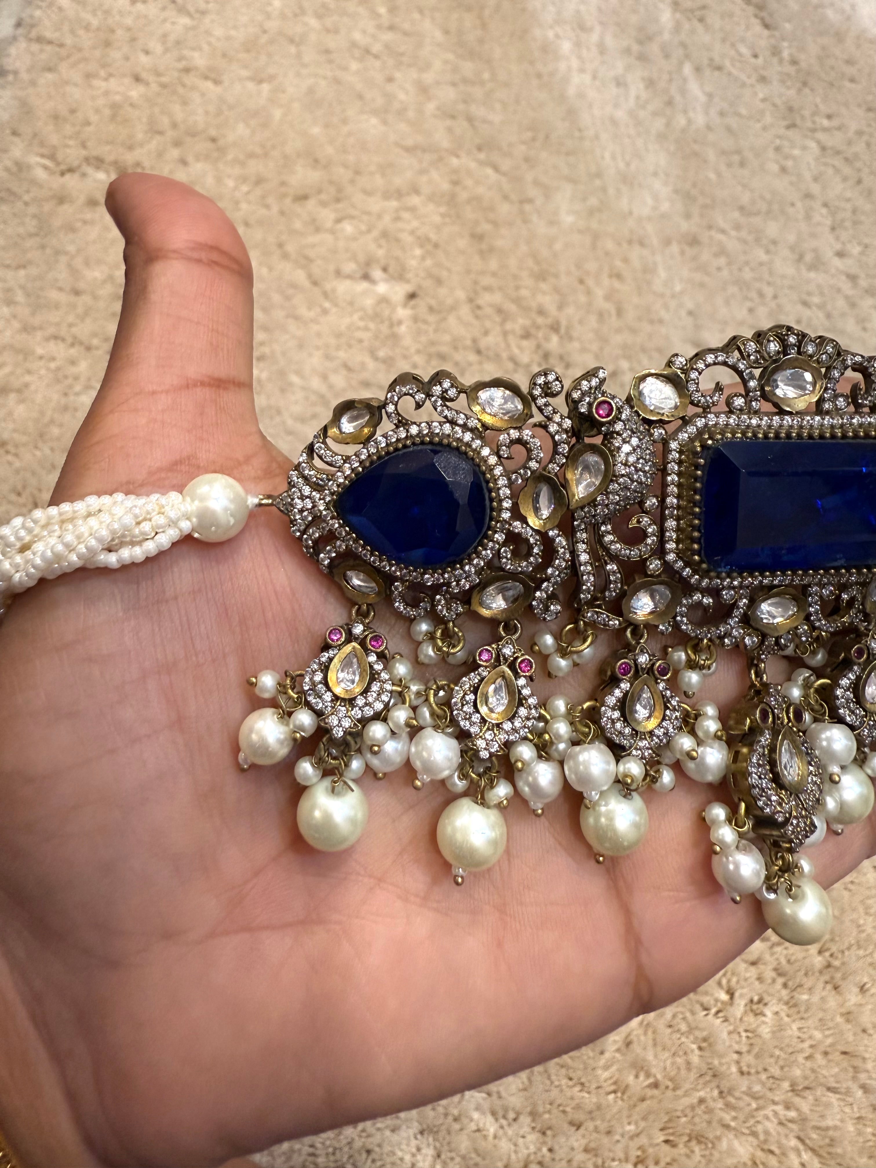 Blue Victorian Peacock Choker Necklace