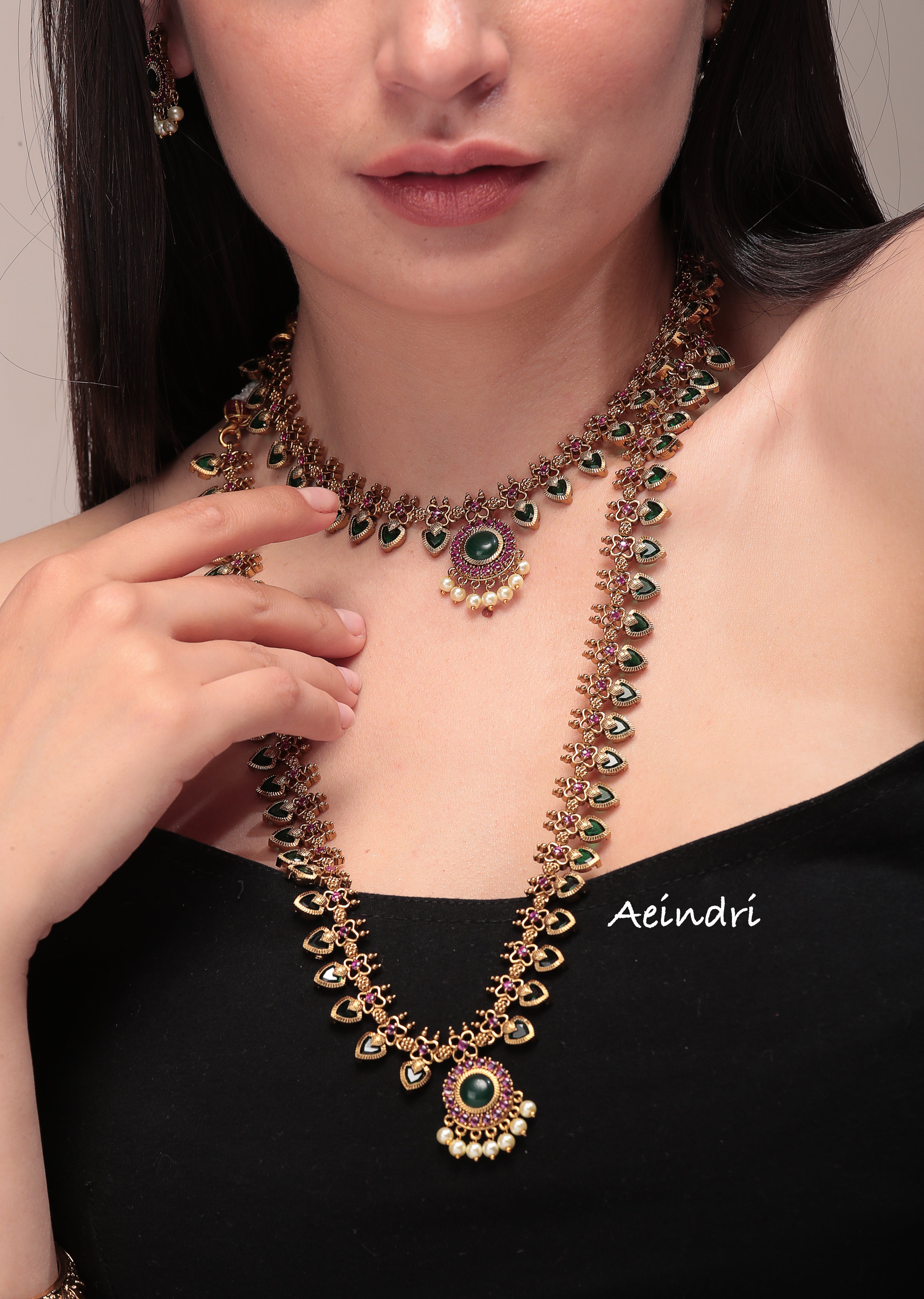 Antique Gold & Kundan Emerald Necklace Duo