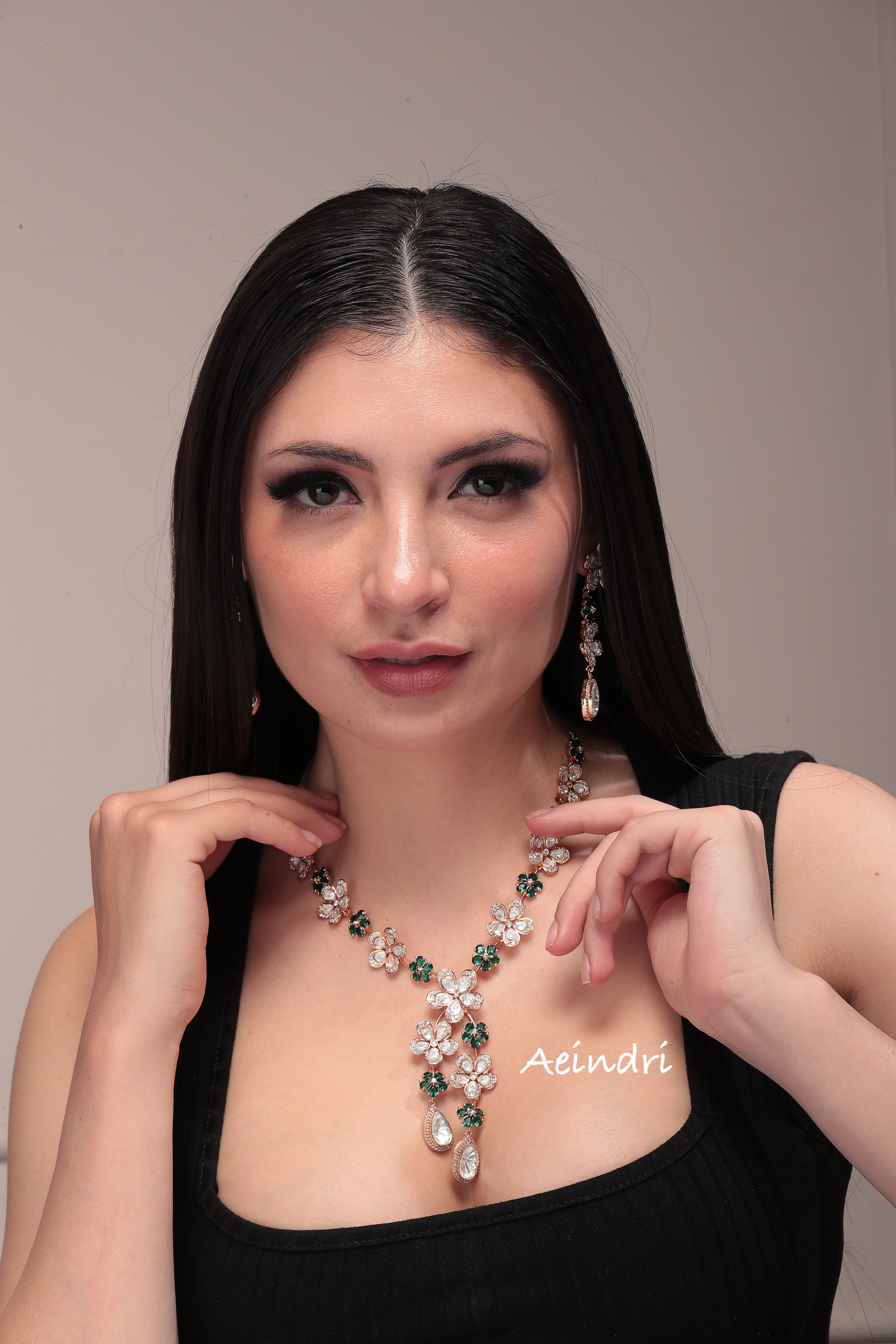 Aeindri Blossom Elegance Crystal & Emerald Necklace Set