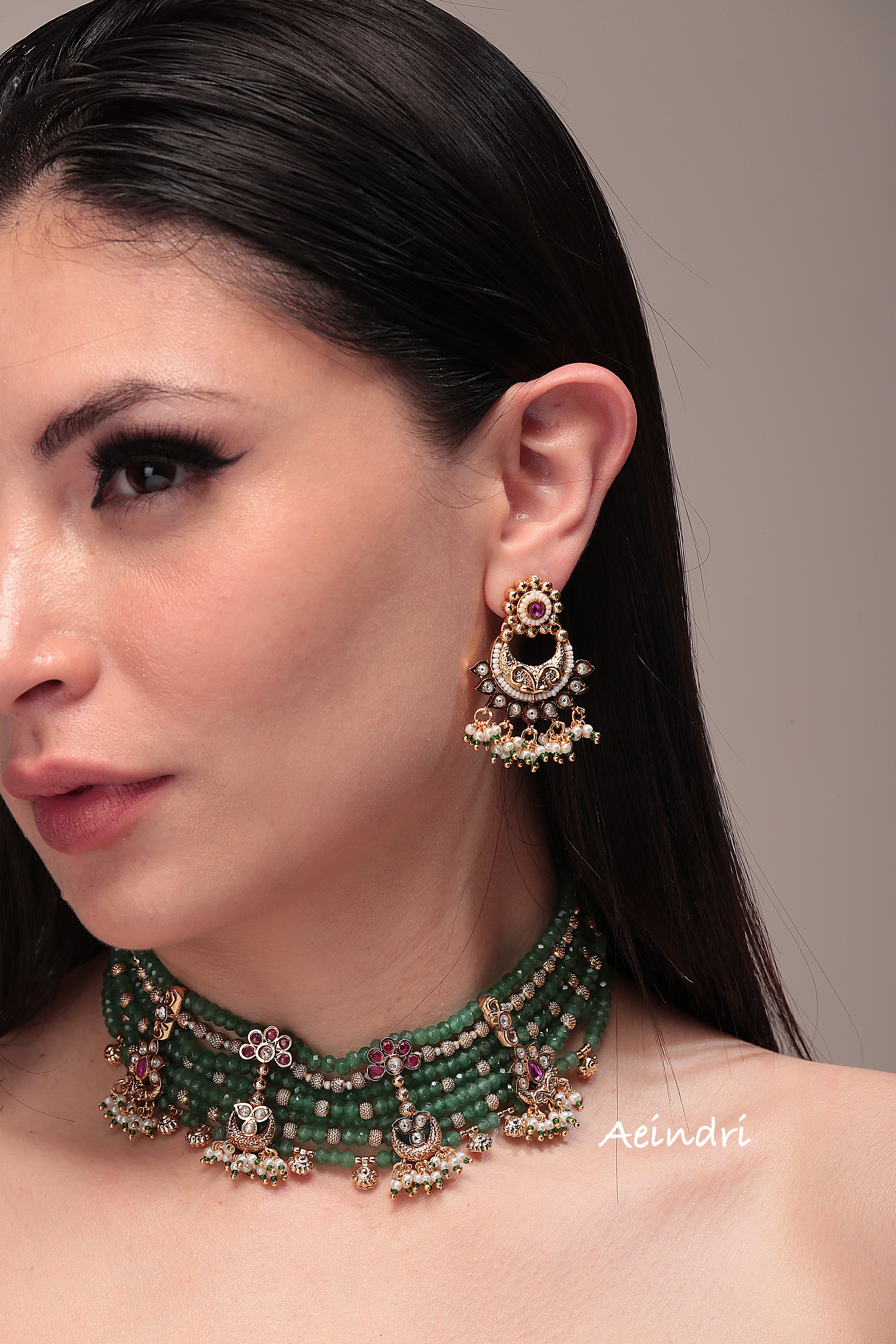 Emerald Green Beaded Choker with Temple-Inspired Detailing