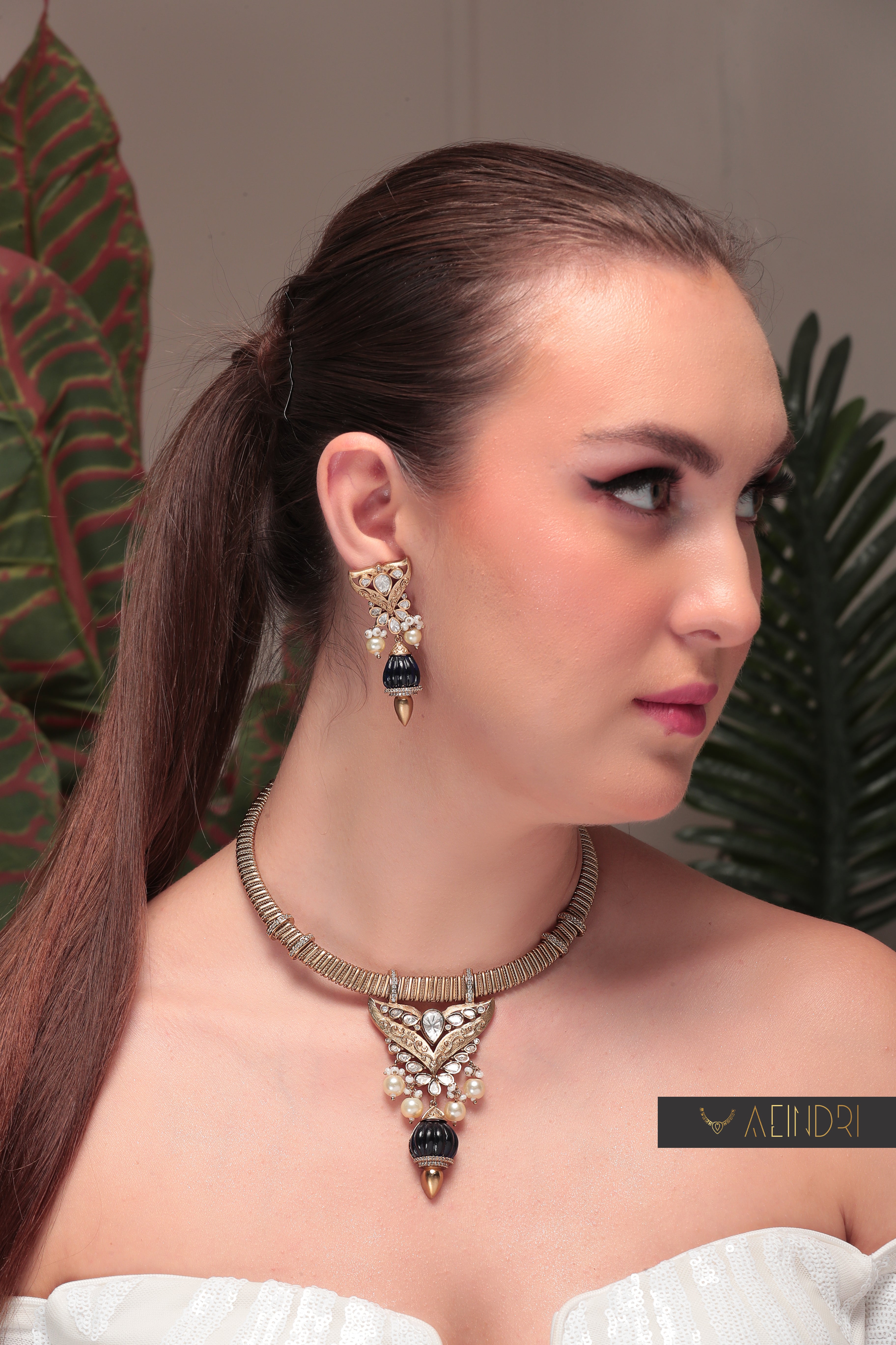 Royal Kundan & Pearl Blue Statement  Set