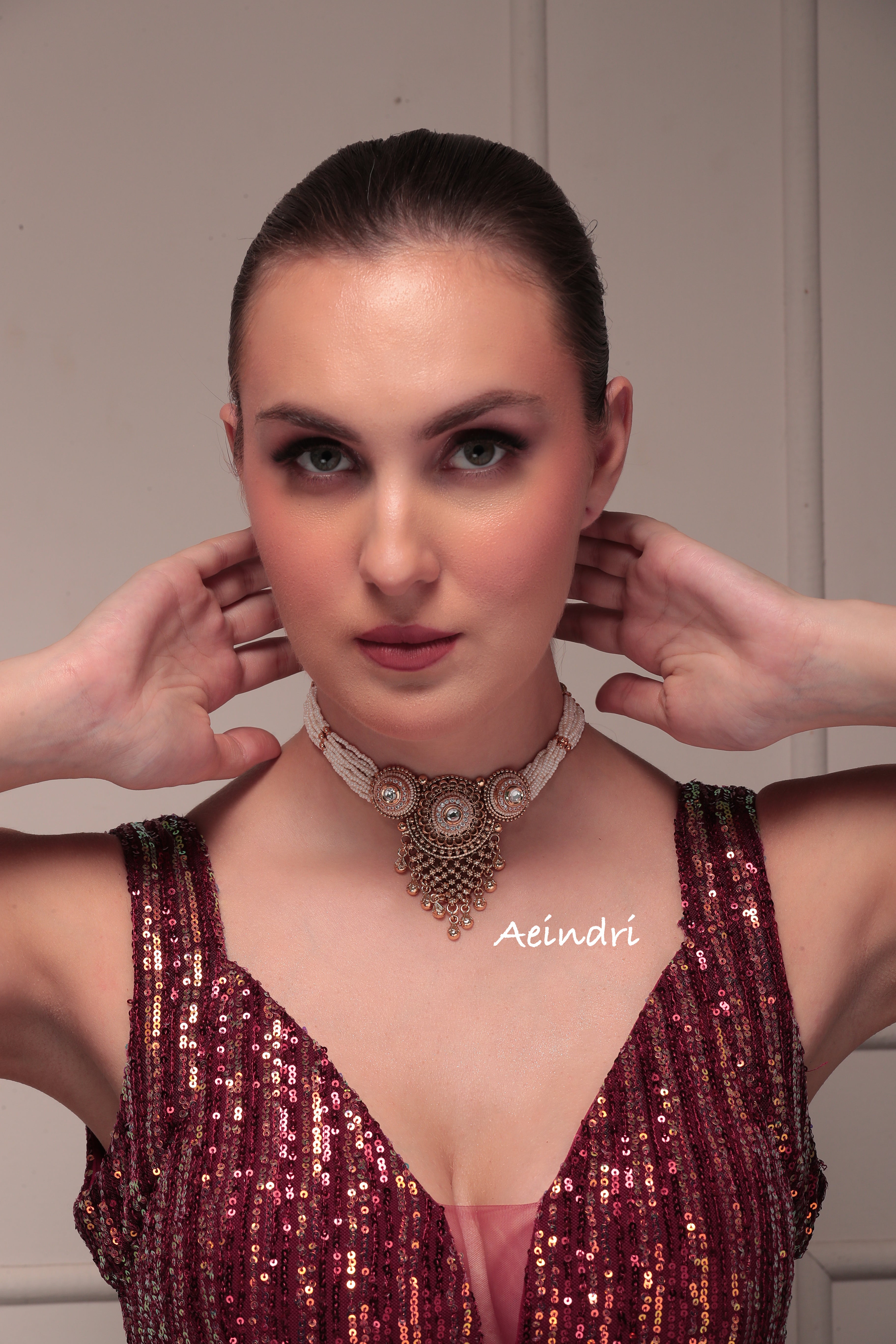 Aeindri Antique Pearl Beaded Choker Necklace Set with Eyerings