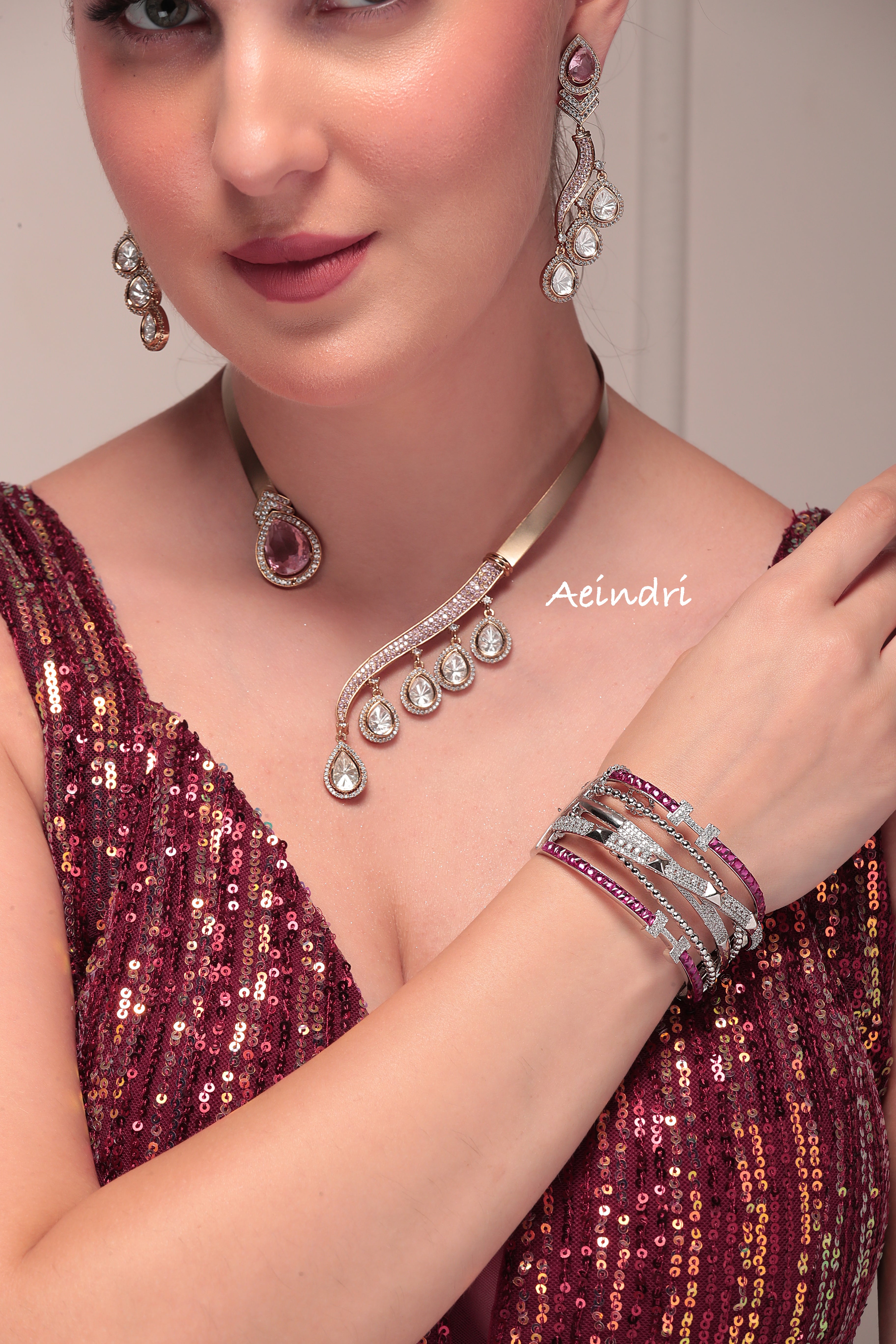 Aeindri Contemporary Teardrop Statement Necklace with Earrings