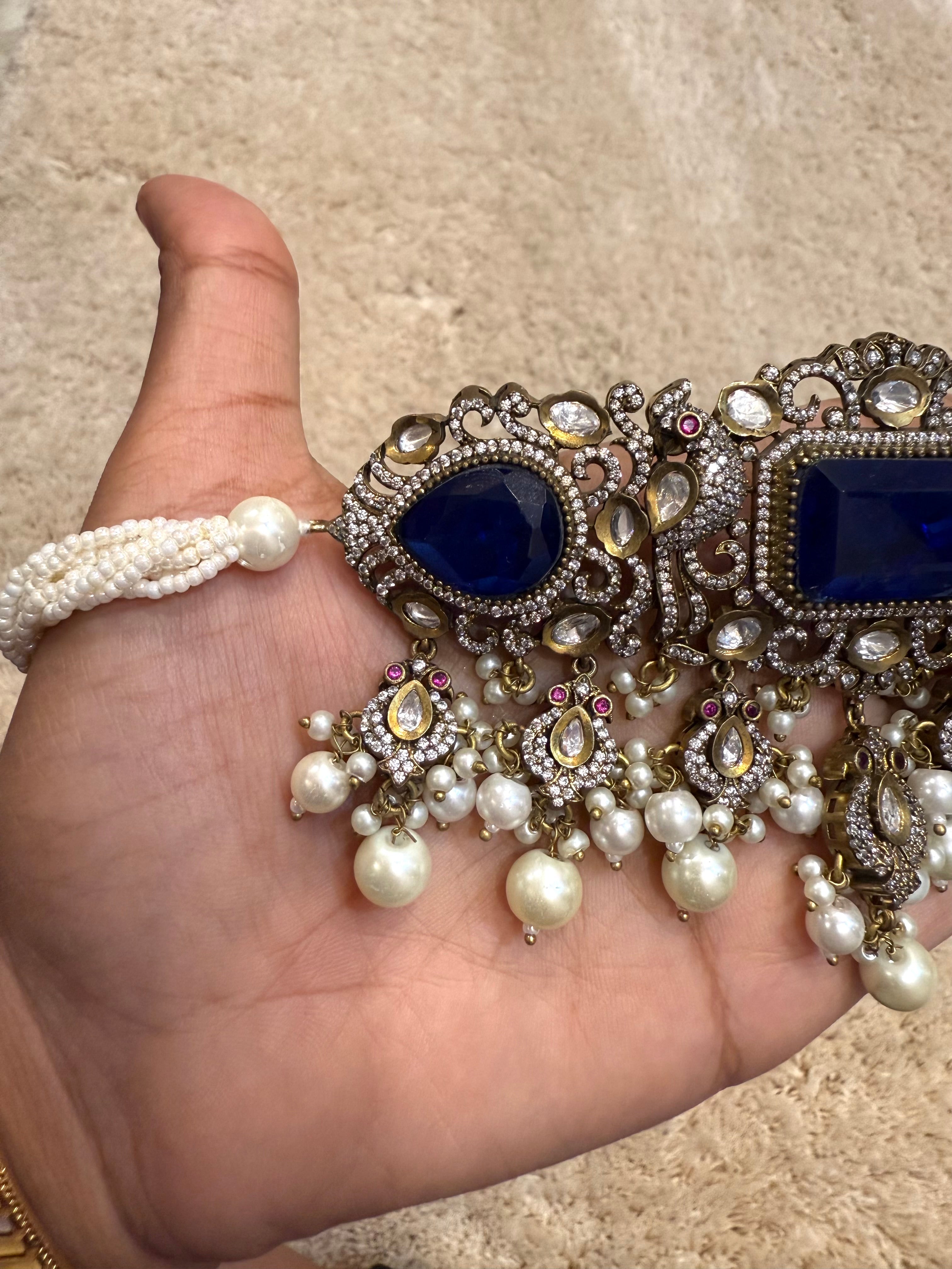 Blue Victorian Peacock Choker Necklace