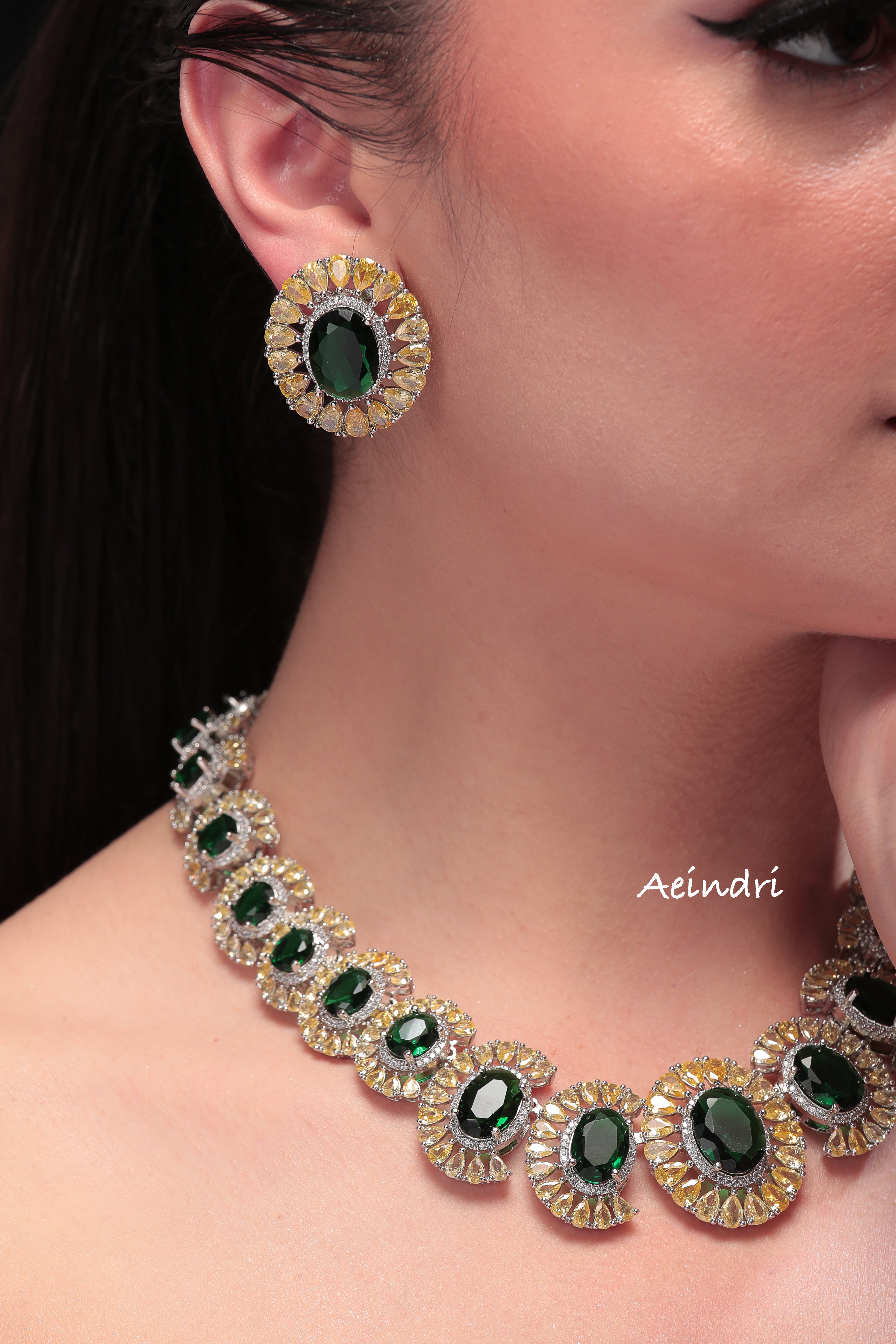 Aeindri Emerald Radiance Necklace Set with Statement Earrings
