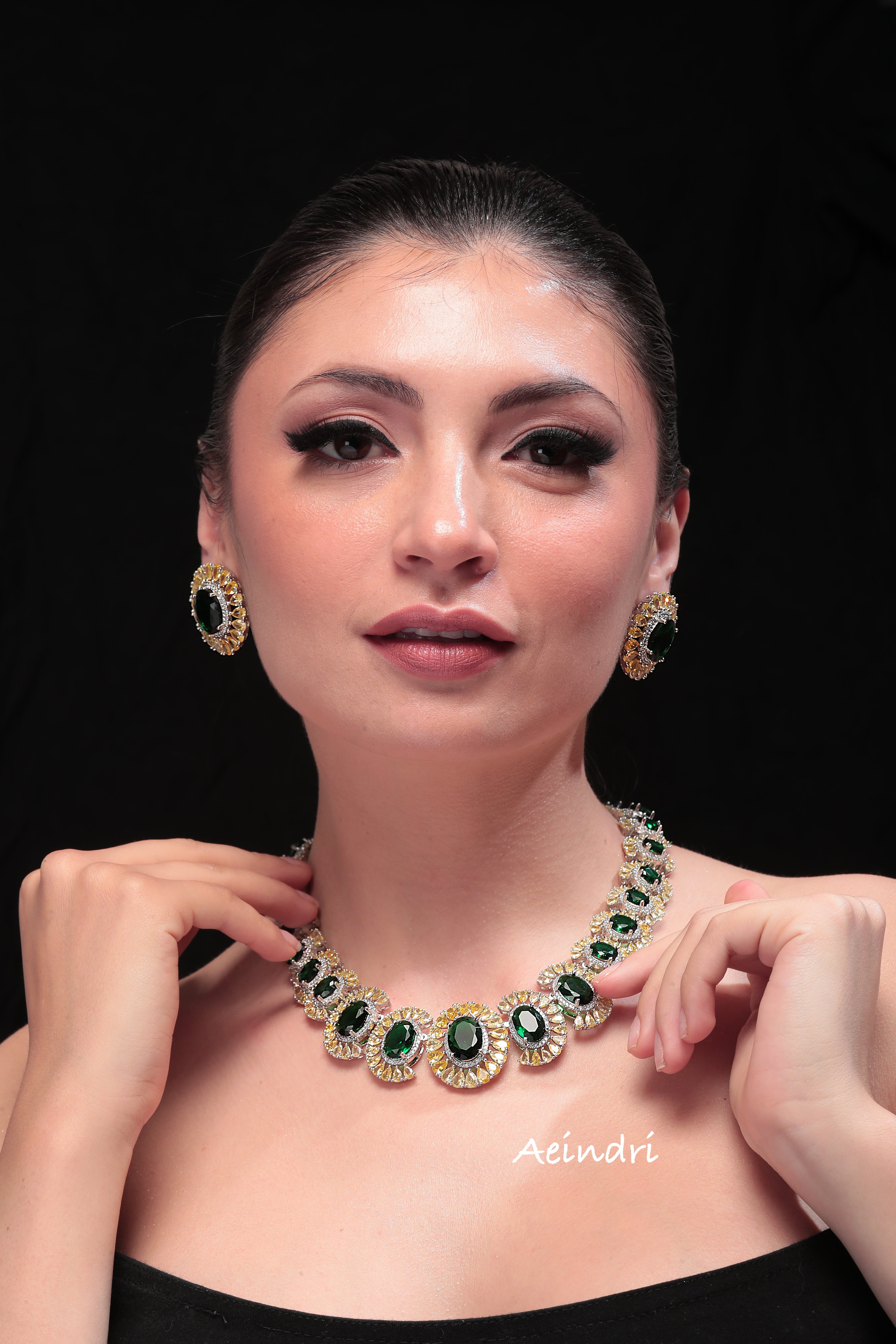 Aeindri Emerald Radiance Necklace Set with Statement Earrings