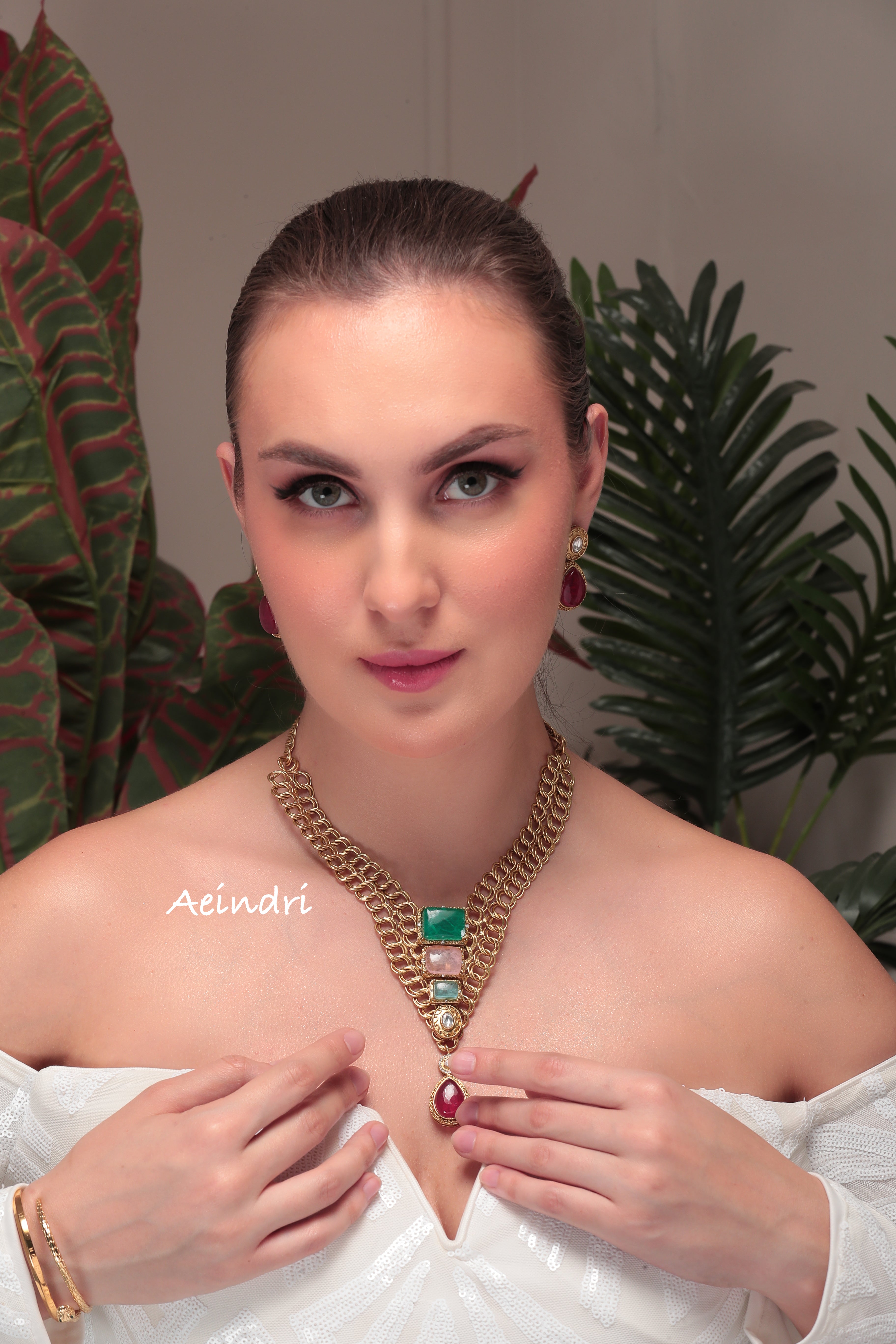 Aeindri Regal Emerald & Ruby Gold-Plated Statement Necklace Set