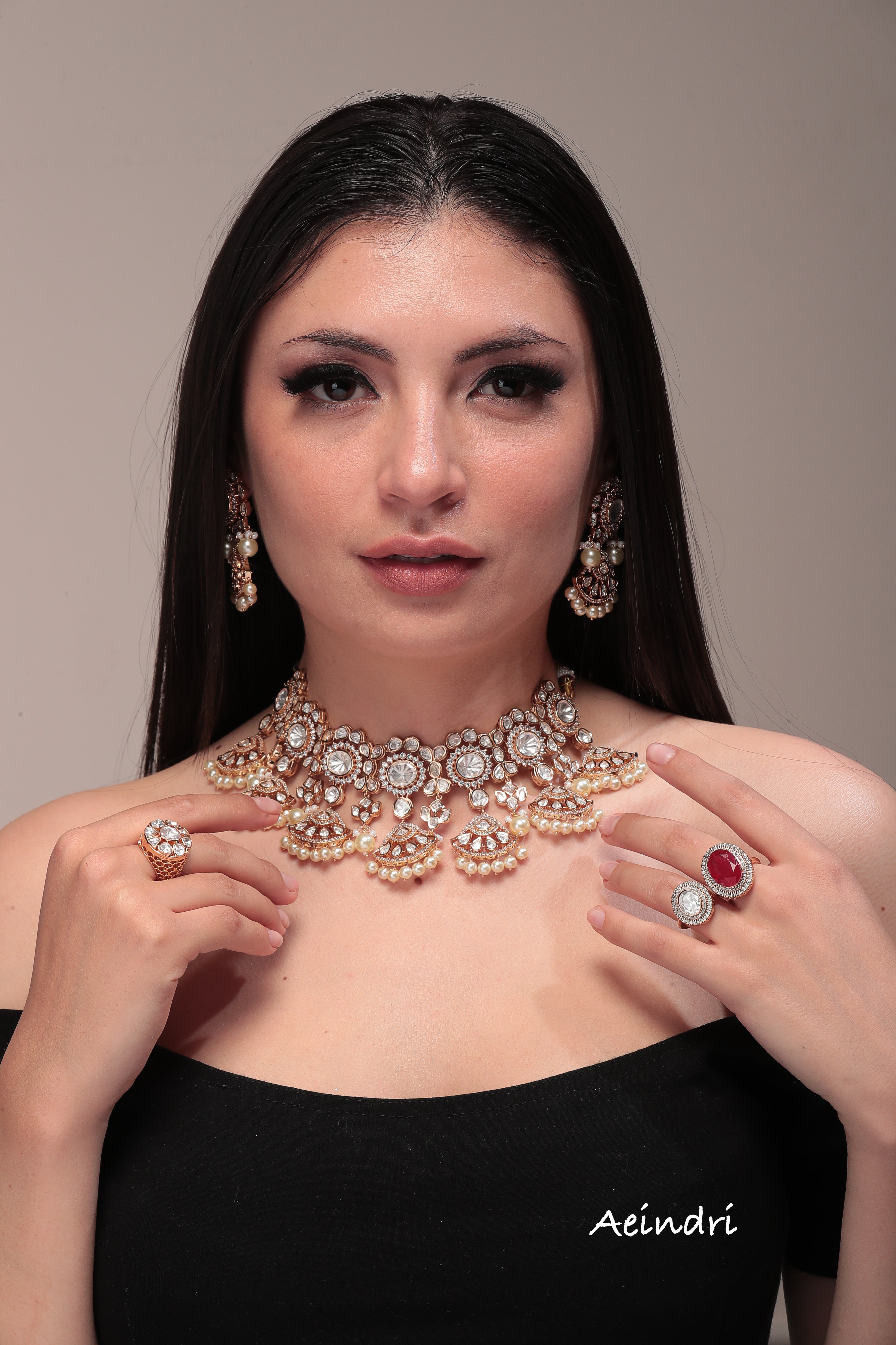 Aeindri Royal Polki Pearl Choker Necklace Set