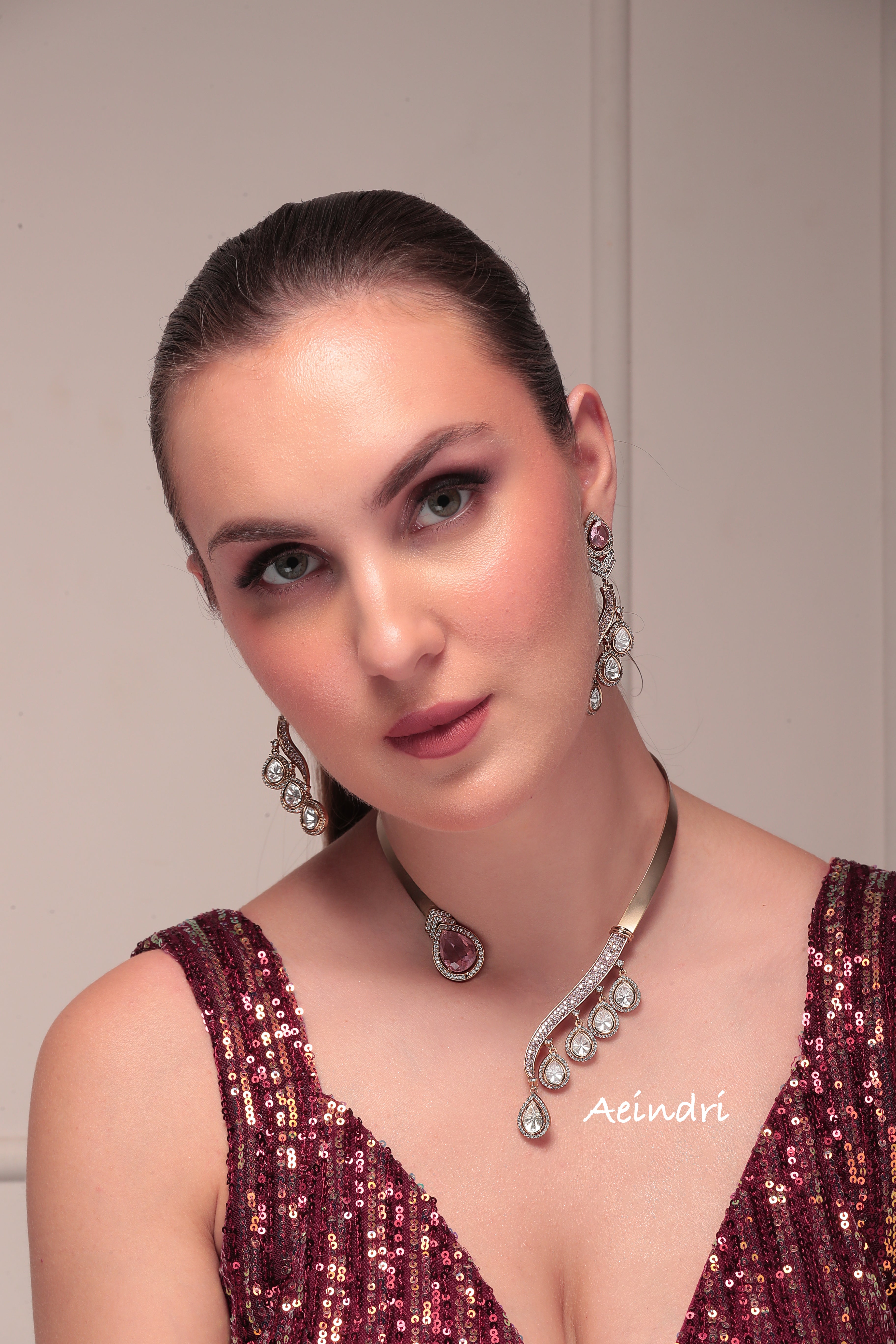 Aeindri Contemporary Teardrop Statement Necklace with Earrings