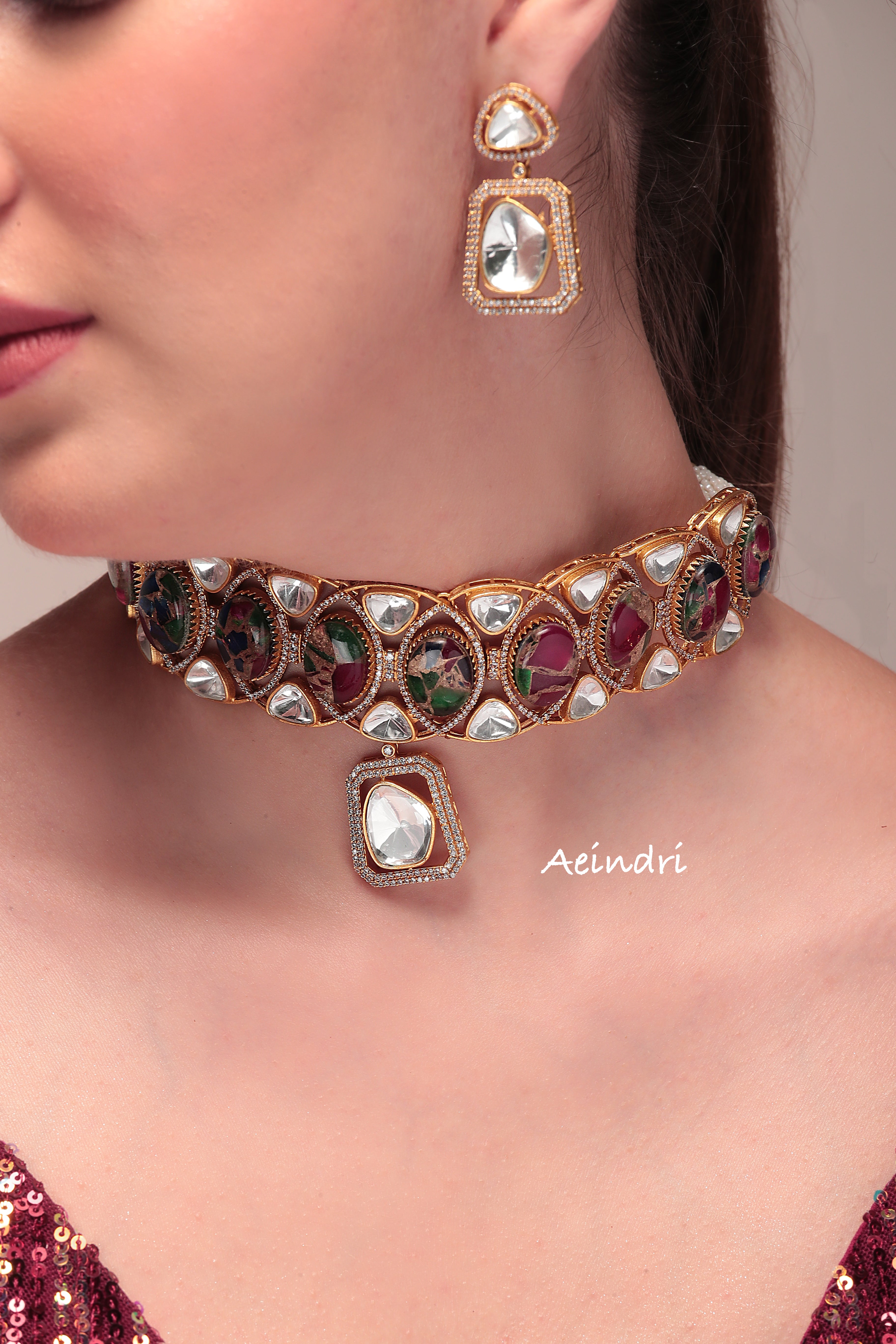 Aeindri Regal Polki Choker Set with Matching Earrings