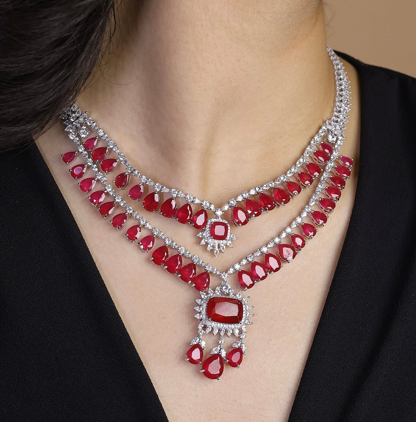 Luxury Ruby Red & Diamond Look A1 Quality Necklace Set”