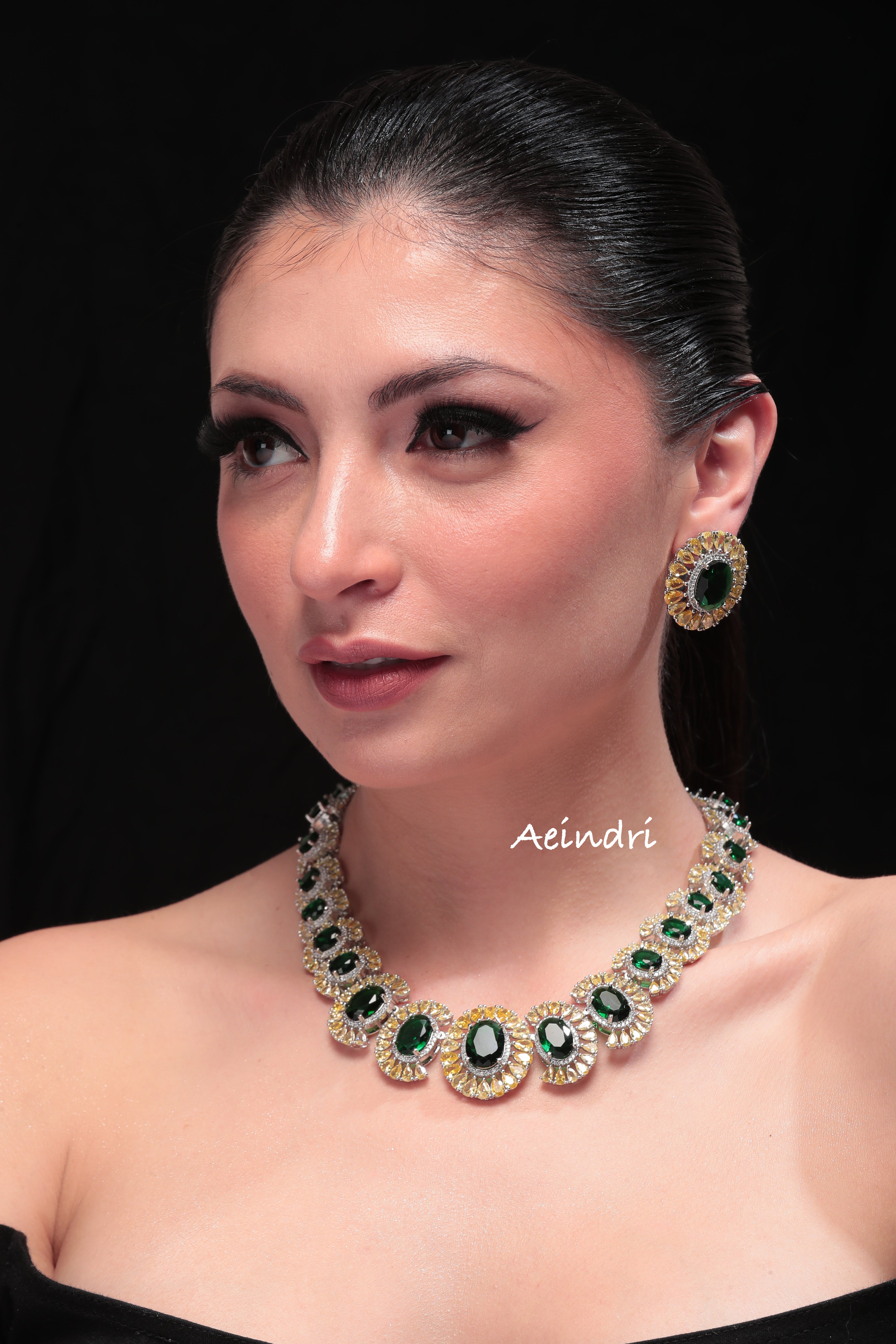 Aeindri Emerald Radiance Necklace Set with Statement Earrings
