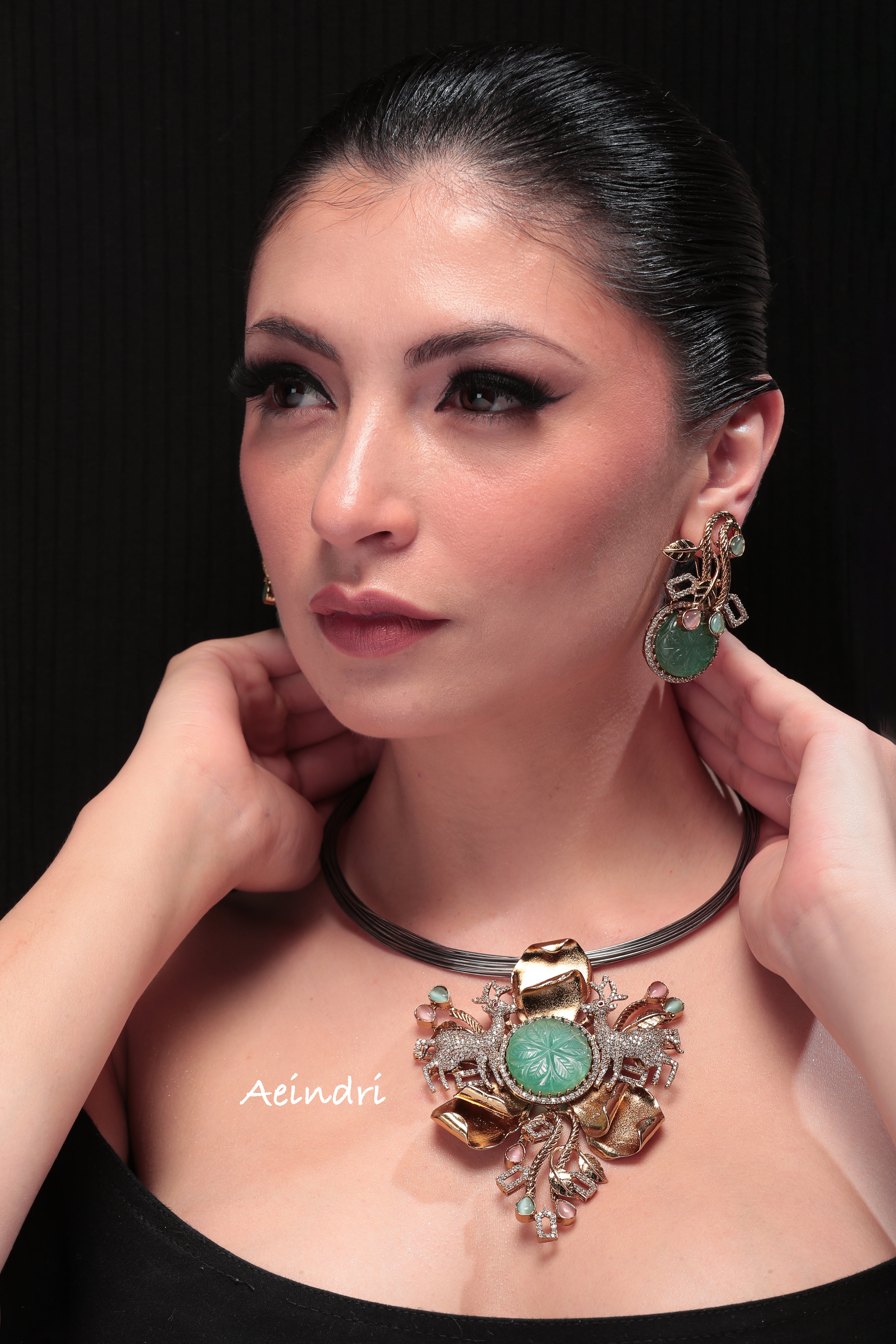 Aeindri Avant-Garde Carved Mint Stone & Crystal Statement Necklace Set