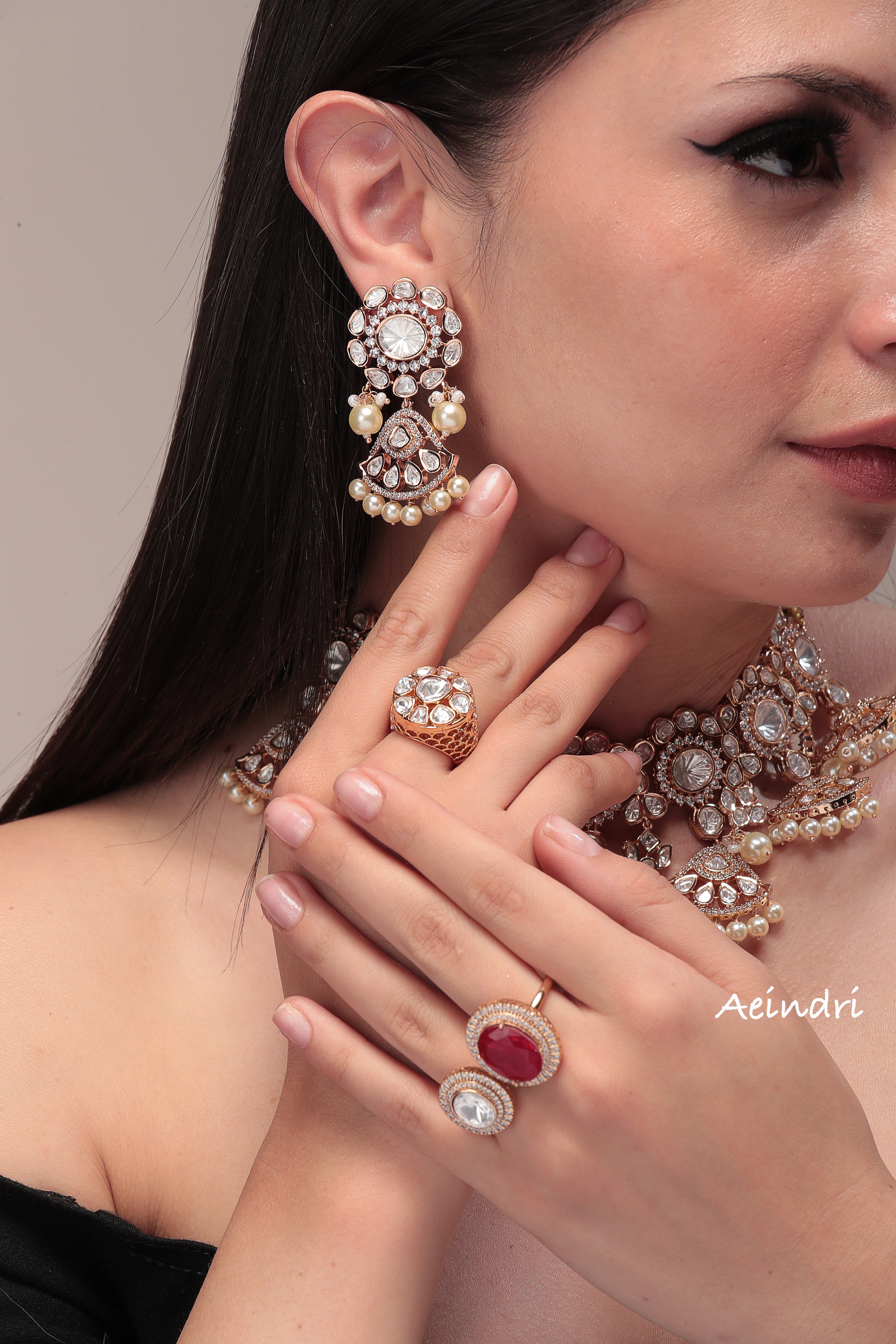 Aeindri Royal Polki Pearl Choker Necklace Set