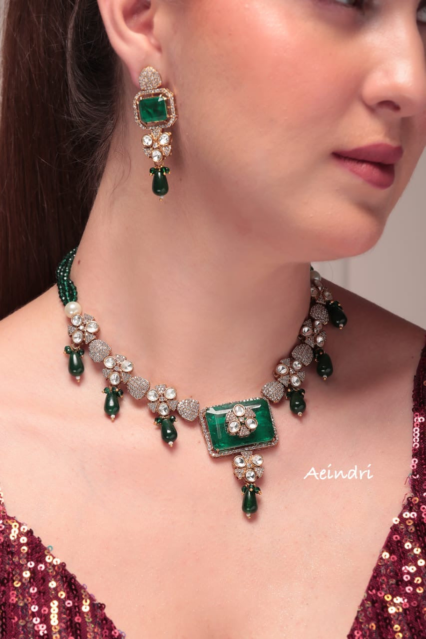 Aeindri Emerald Elegance Choker Necklace with Earrings