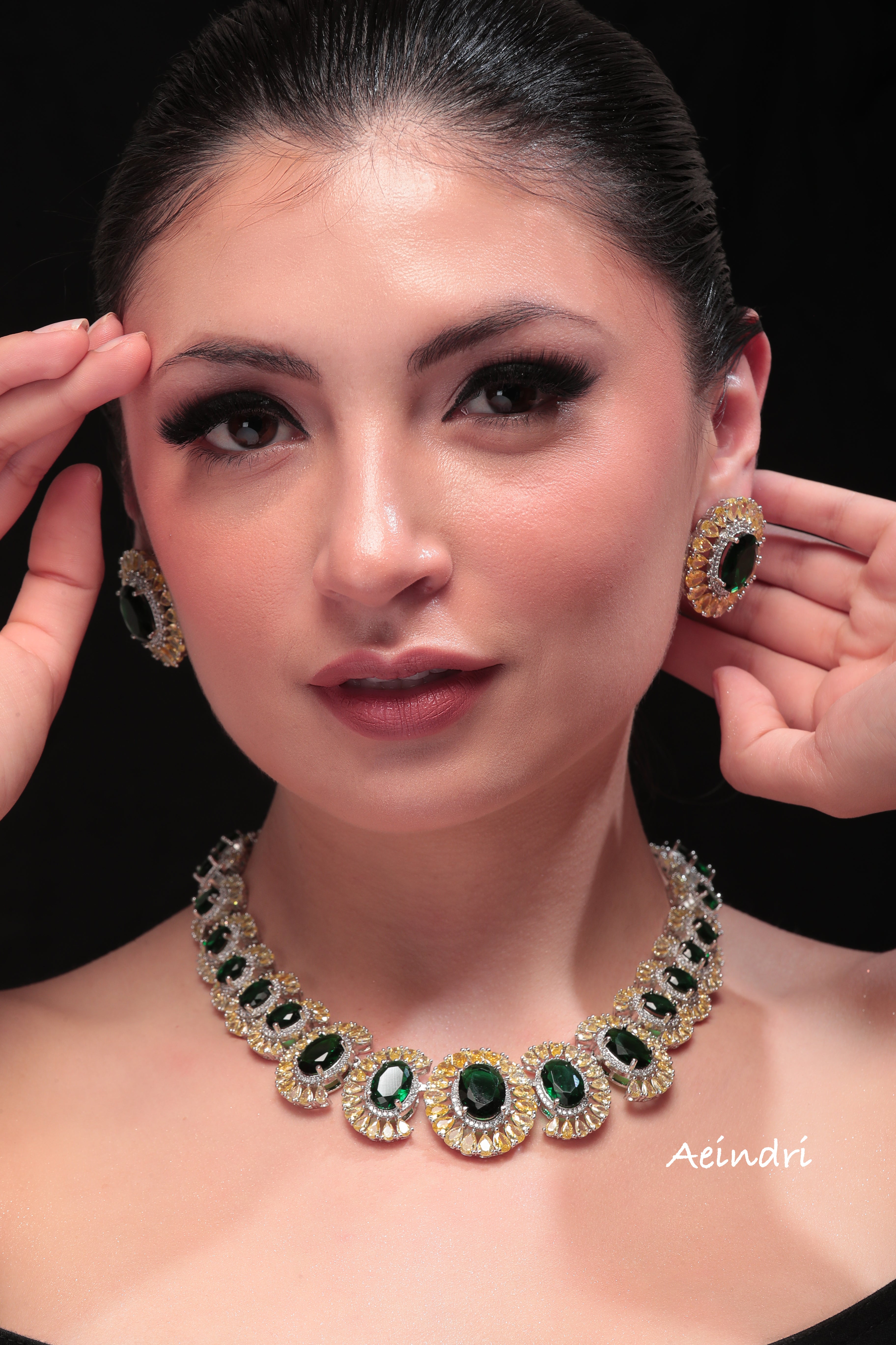 Aeindri Emerald Radiance Necklace Set with Statement Earrings