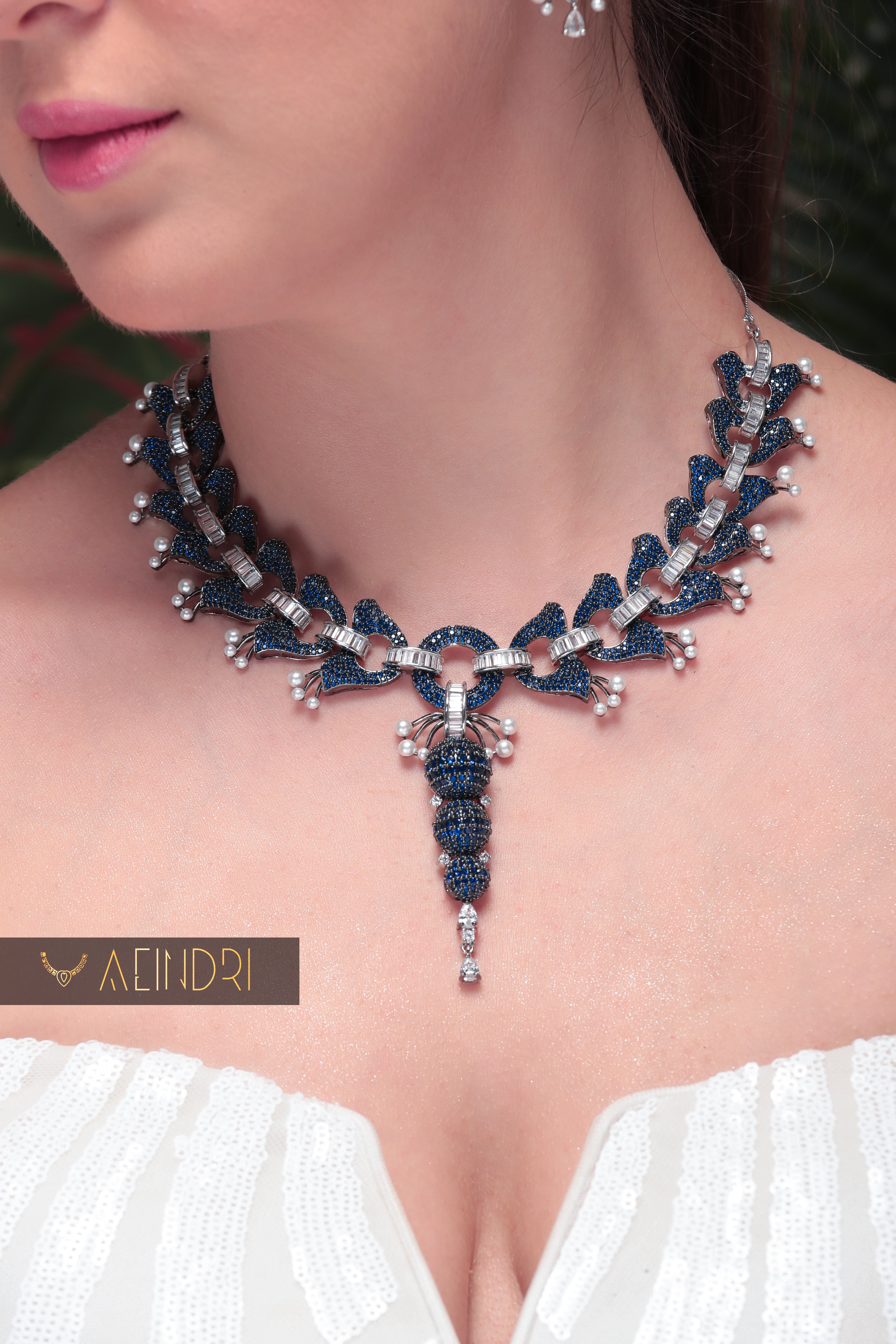 Aeindri Midnight Blue Crystal & Pearl Designer Choker Necklace