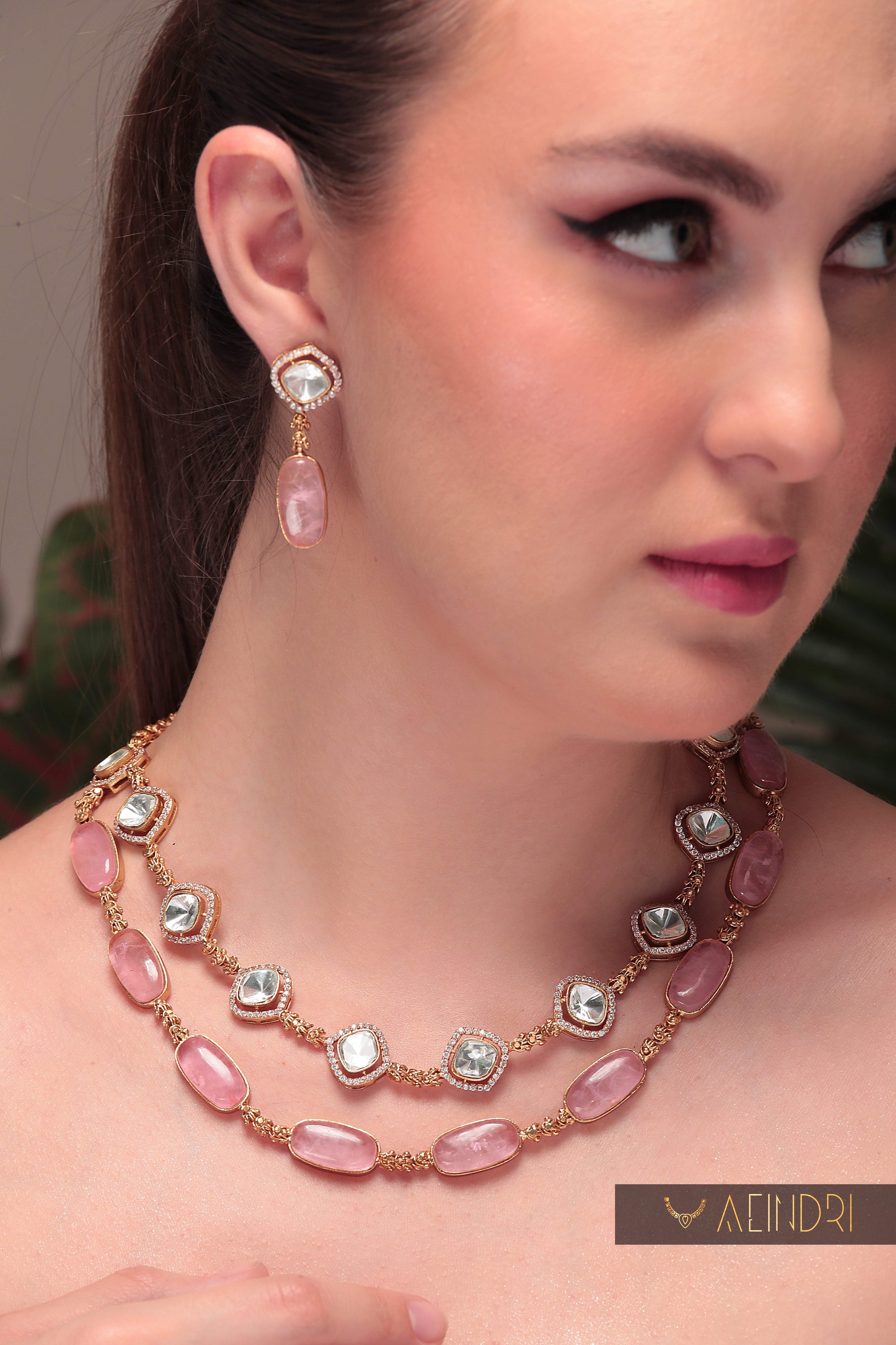 Aeindri Rose Quartz Polki Necklace Set
