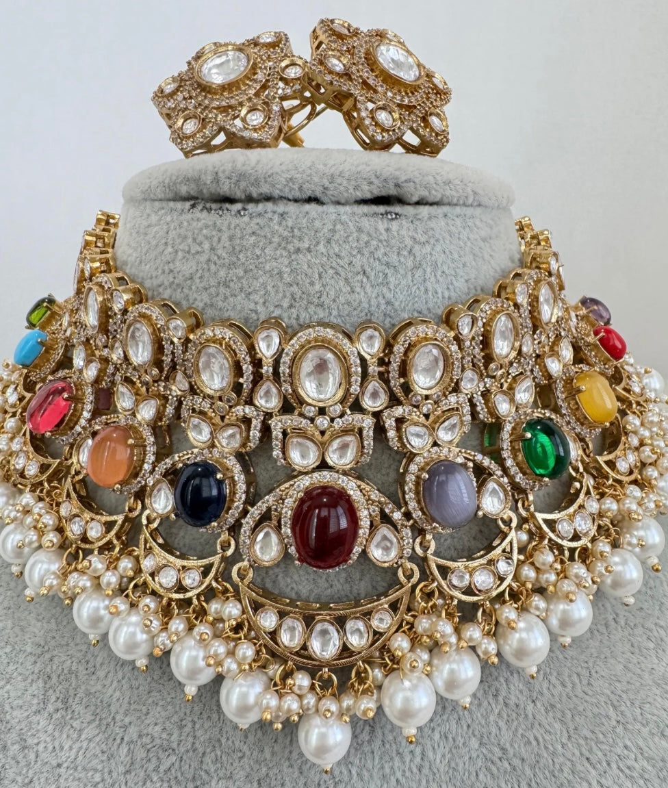 Navratna moissanite with pearl drop choker
