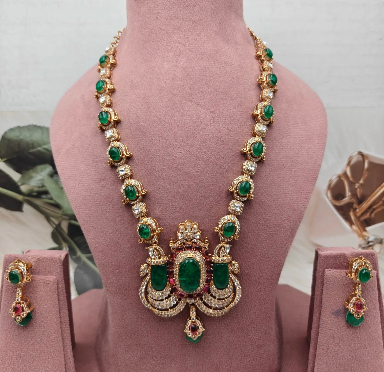 Victoria Moissanite and Cabochon Doublet Premium Necklace Set - Emerald and Ruby