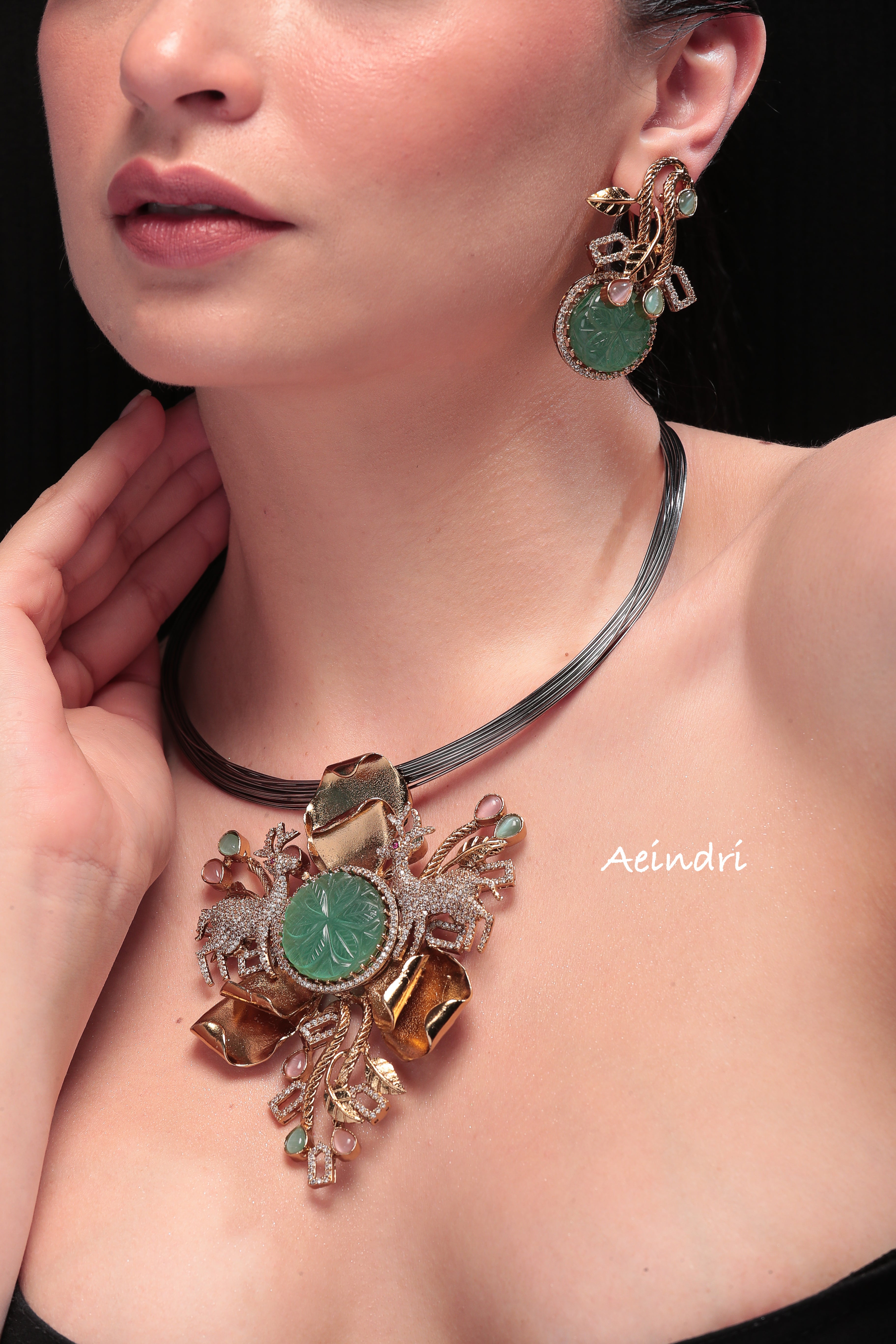 Aeindri Avant-Garde Carved Mint Stone & Crystal Statement Necklace Set
